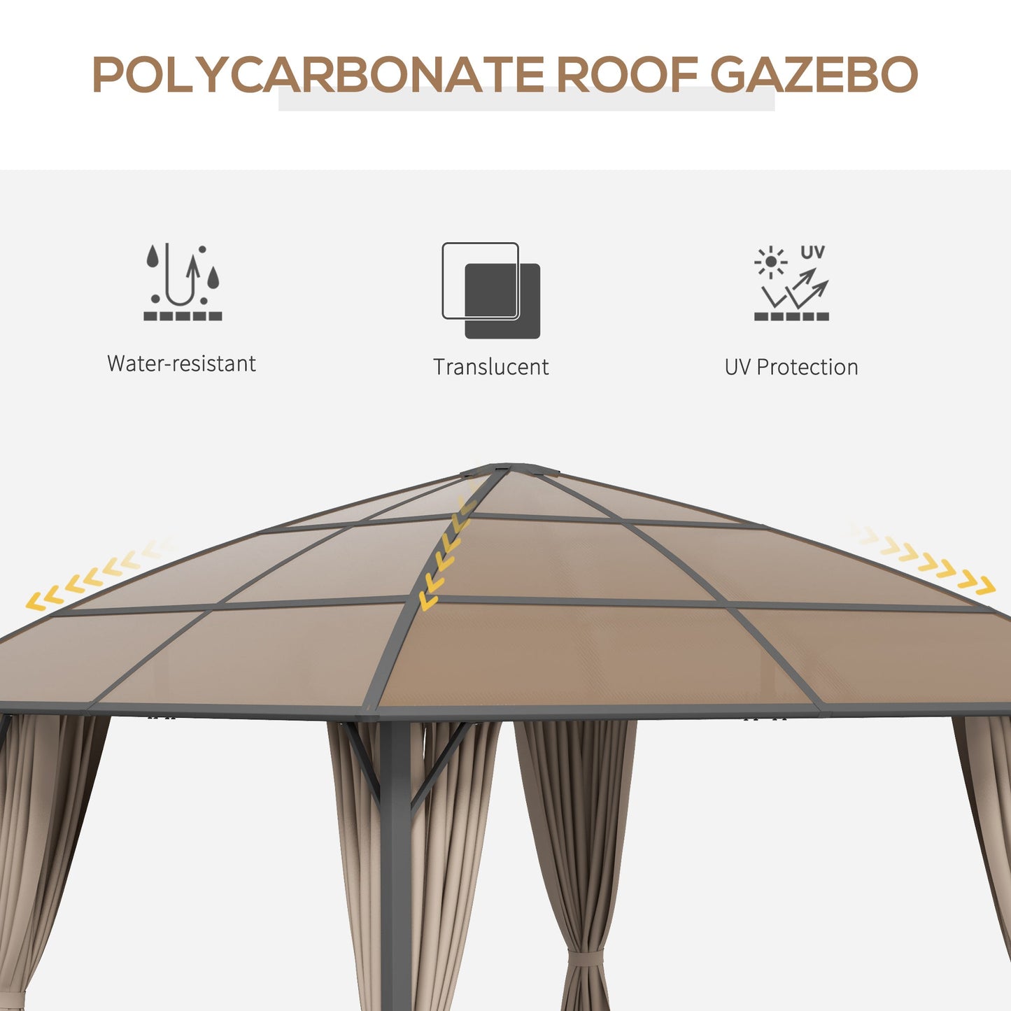 10' x 10' Outdoor Gazebo Canopy, Hardtop Gazebo with UV60+ Polycarbonate Roof, Steel Frame, Central Hook, and Curtains, for Garden, Lawn, Backyard, Deck, Khaki