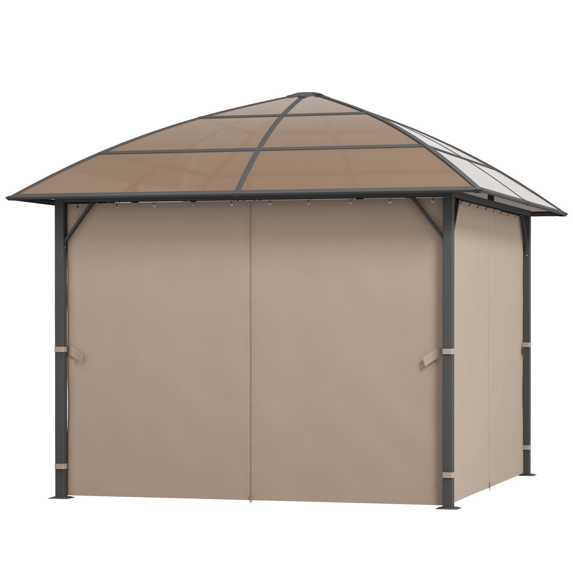10' x 10' Outdoor Gazebo Canopy, Hardtop Gazebo with UV60+ Polycarbonate Roof, Steel Frame, Central Hook, and Curtains, for Garden, Lawn, Backyard, Deck, Khaki
