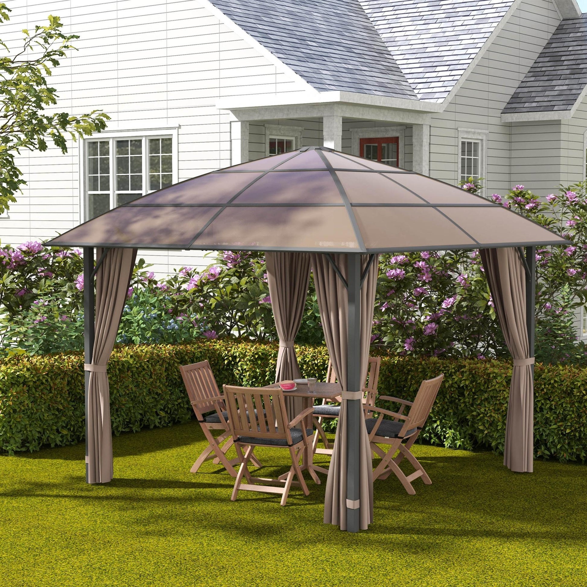 10' x 10' Outdoor Gazebo Canopy, Hardtop Gazebo with UV60+ Polycarbonate Roof, Steel Frame, Central Hook, and Curtains, for Garden, Lawn, Backyard, Deck, Khaki