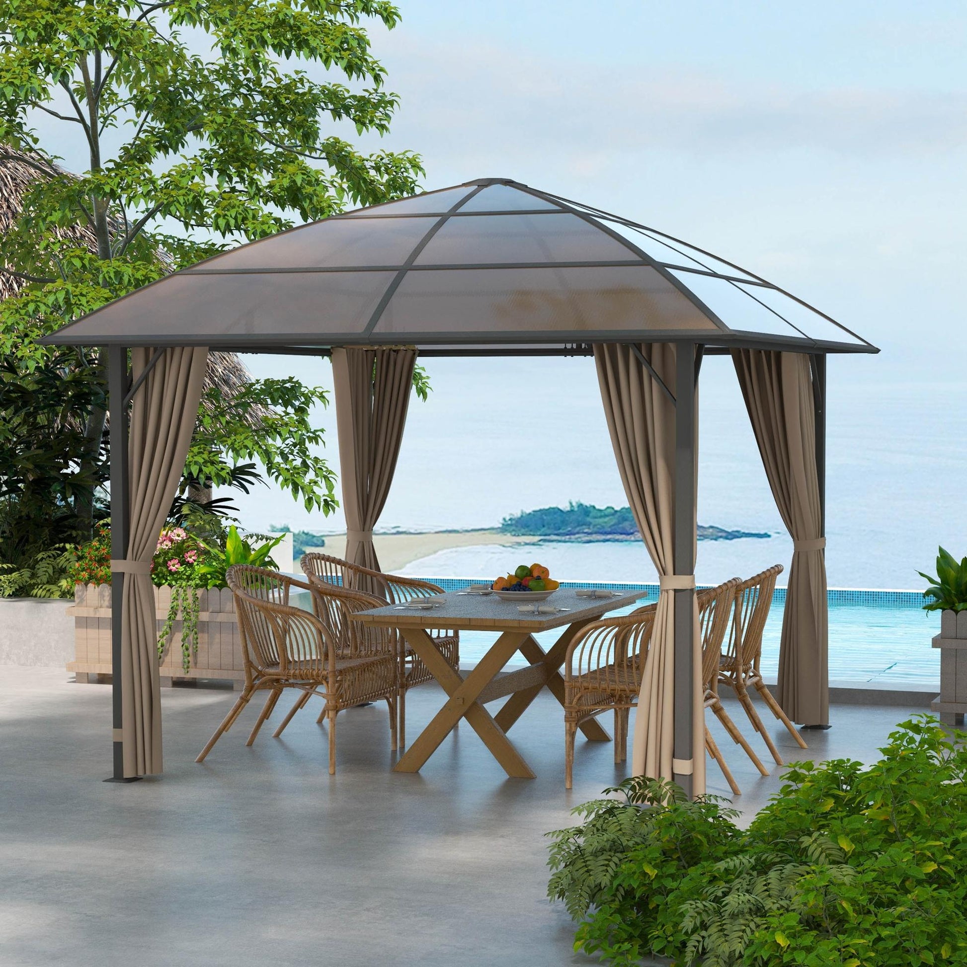 10' x 10' Outdoor Gazebo Canopy, Hardtop Gazebo with UV60+ Polycarbonate Roof, Steel Frame, Central Hook, and Curtains, for Garden, Lawn, Backyard, Deck, Khaki