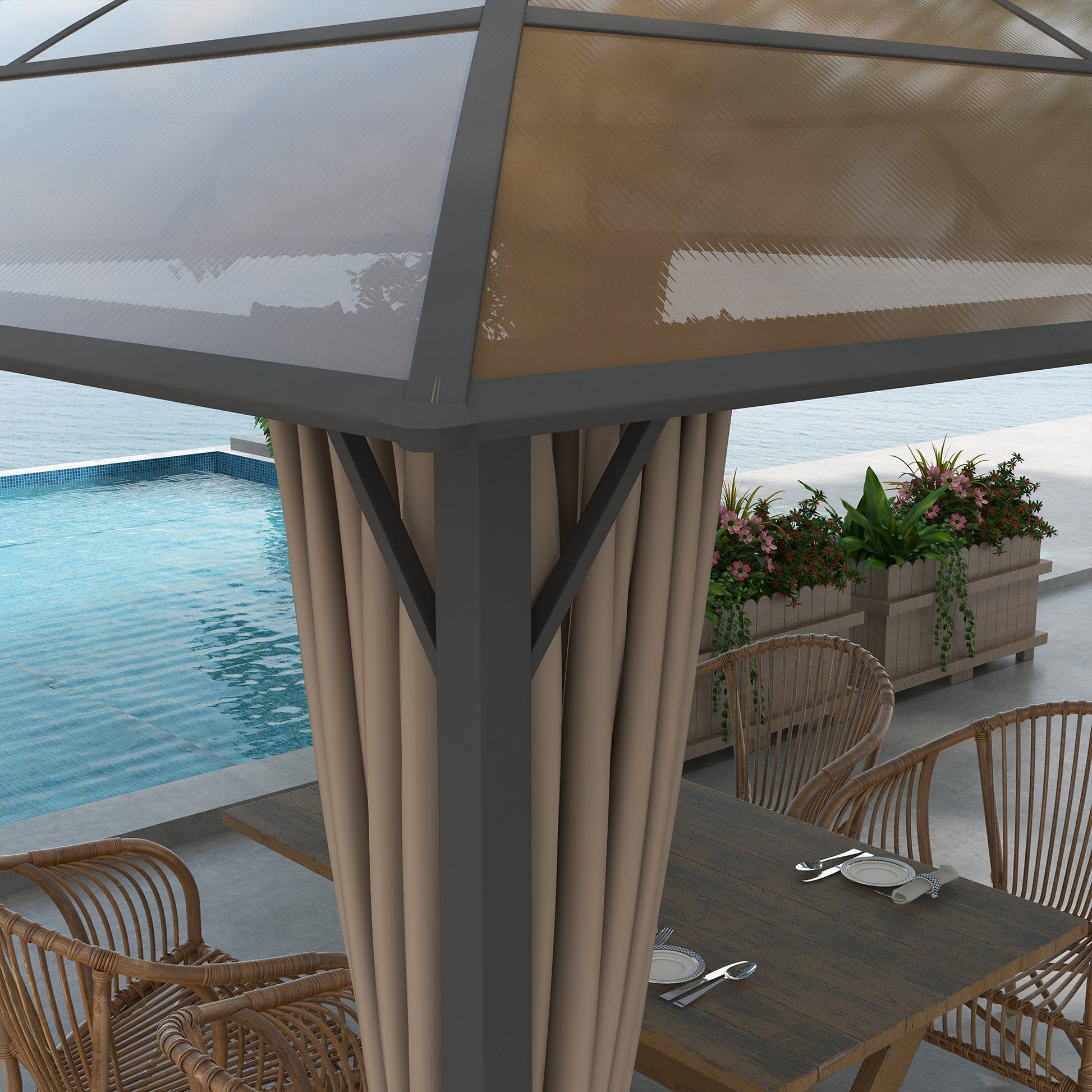10' x 10' Outdoor Gazebo Canopy, Hardtop Gazebo with UV60+ Polycarbonate Roof, Steel Frame, Central Hook, and Curtains, for Garden, Lawn, Backyard, Deck, Khaki