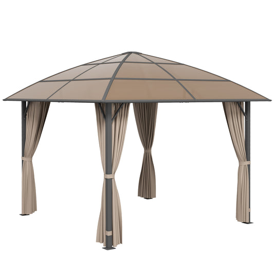 10' x 10' Outdoor Gazebo Canopy, Hardtop Gazebo with UV60+ Polycarbonate Roof, Steel Frame, Central Hook, and Curtains, for Garden, Lawn, Backyard, Deck, Khaki