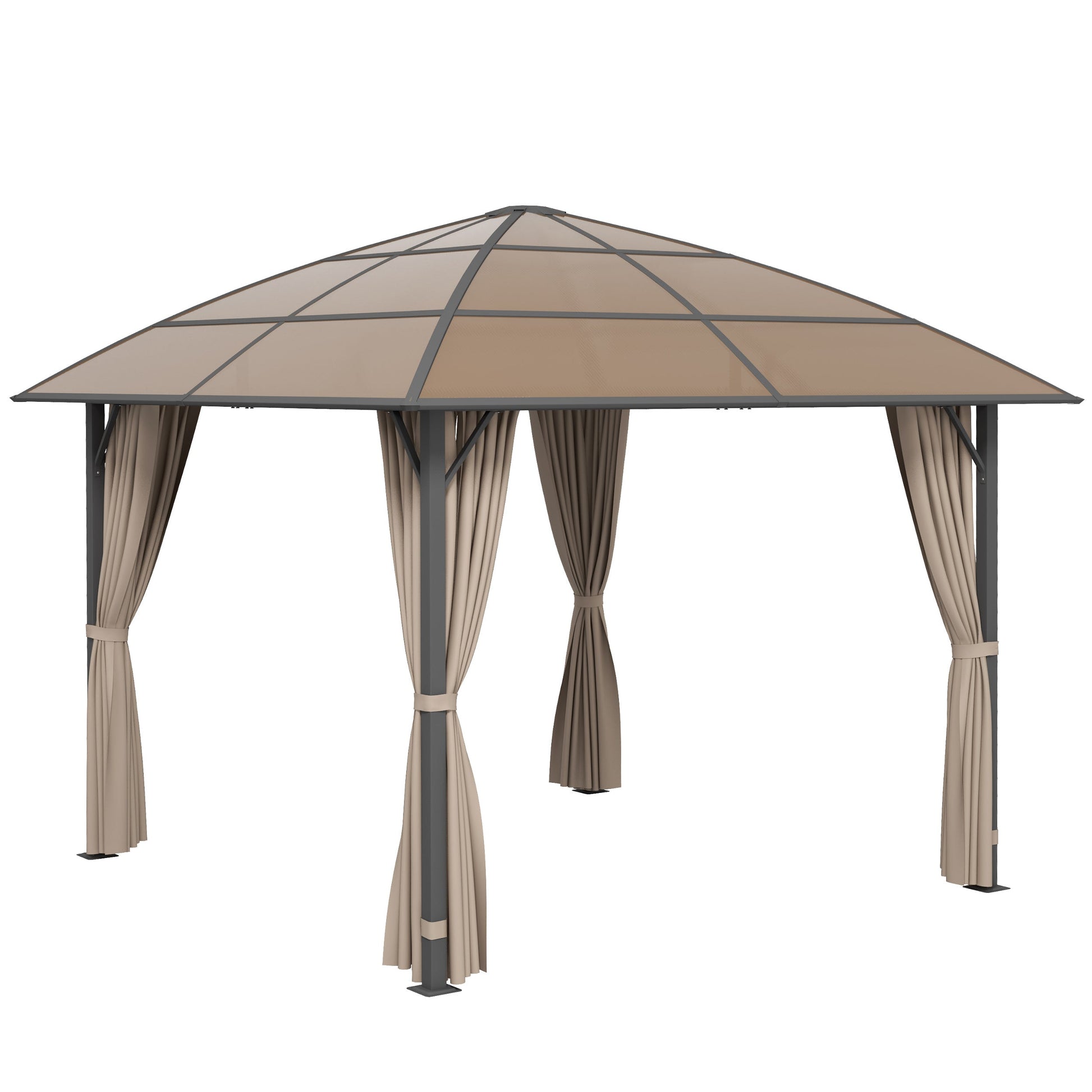 10' x 10' Outdoor Gazebo Canopy, Hardtop Gazebo with UV60+ Polycarbonate Roof, Steel Frame, Central Hook, and Curtains, for Garden, Lawn, Backyard, Deck, Khaki