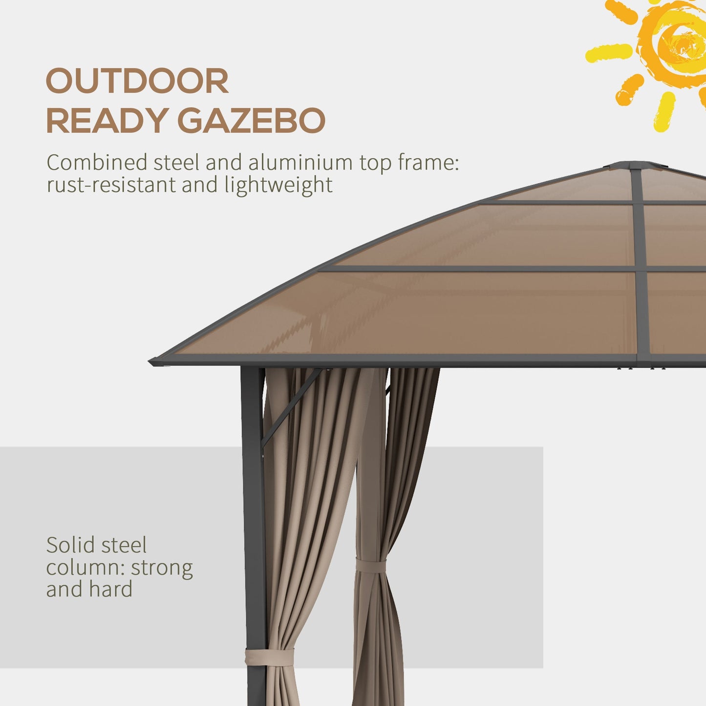 10' x 10' Outdoor Gazebo Canopy, Hardtop Gazebo with UV60+ Polycarbonate Roof, Steel Frame, Central Hook, and Curtains, for Garden, Lawn, Backyard, Deck, Khaki