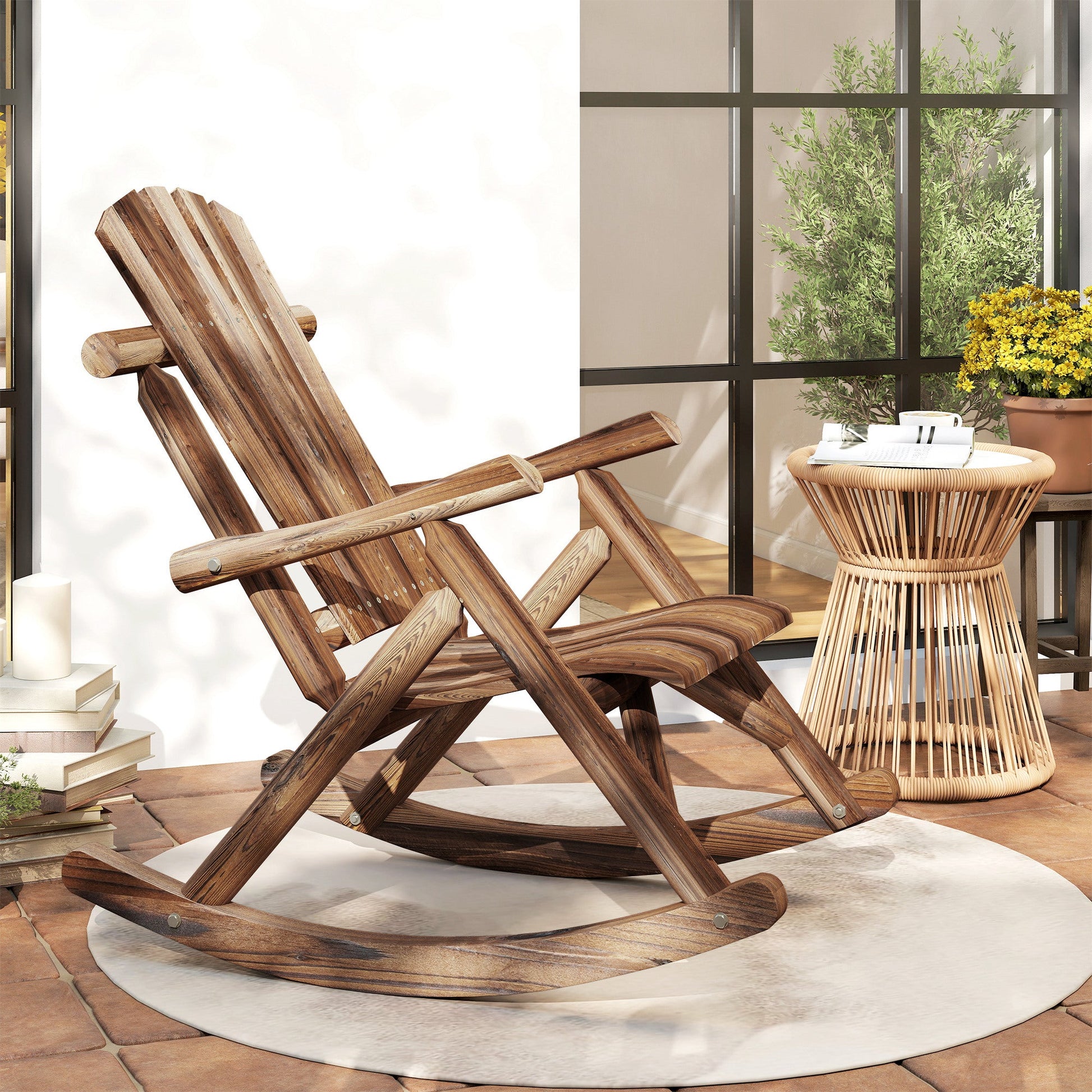 Outdoor Rocking Chair, Wooden Adirondack Outdoor Rocker with High Back and Slatted Seat, Oversized Rustic Patio Rocking Chair for Garden, Porch, Yard, Balcony, Carbonized