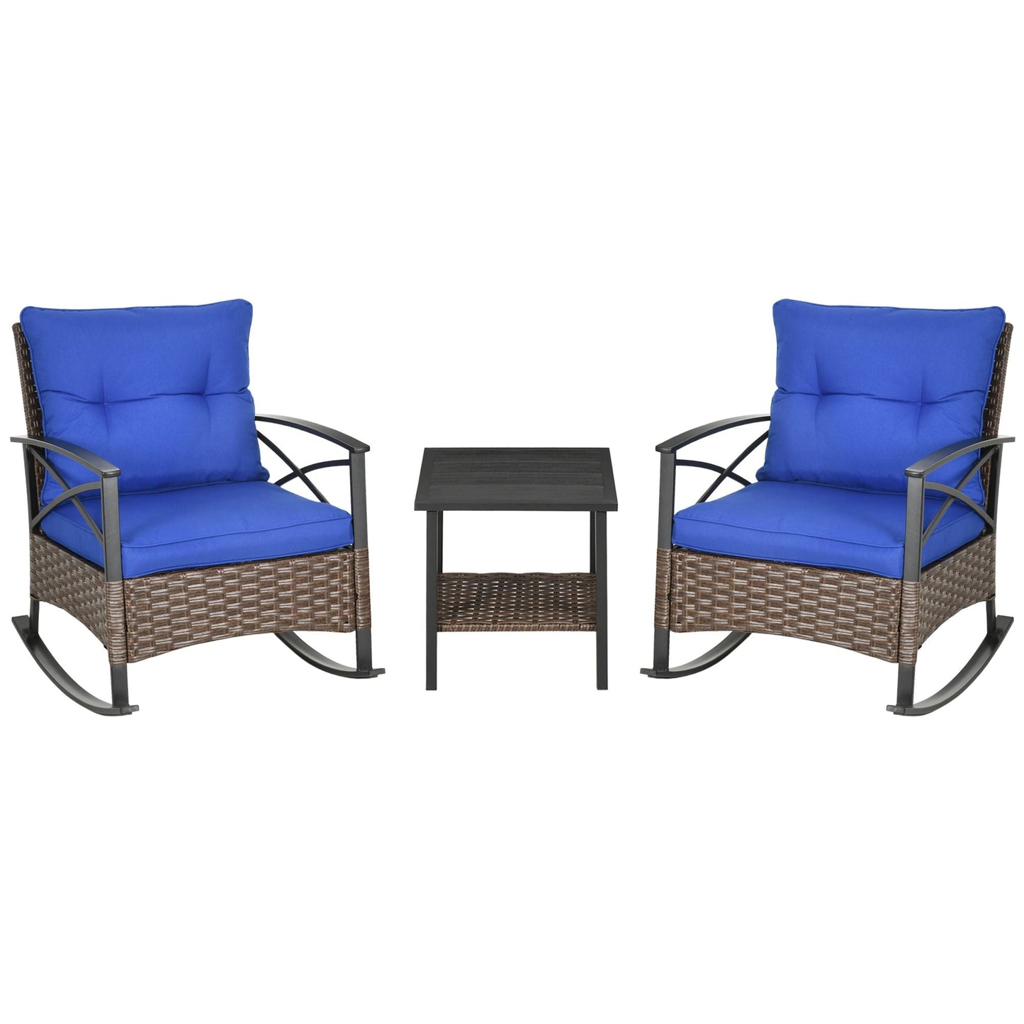 3 Pieces Rocking Chair Set, Outdoor PE Rattan Bistro Set with Padded Cushions, Rocker Chair Set and Two-tier Metal Plate Top Table for Garden, Dark Blue