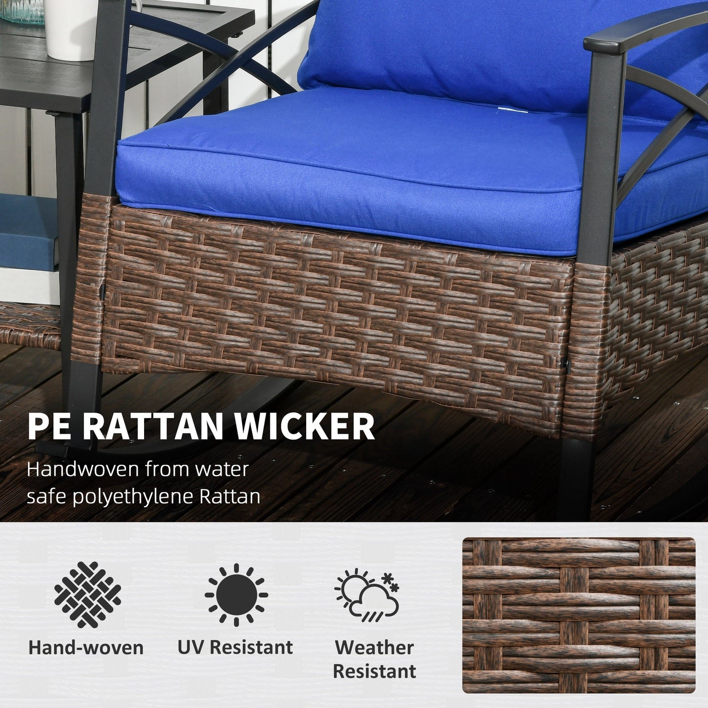 3 Pieces Rocking Chair Set, Outdoor PE Rattan Bistro Set with Padded Cushions, Rocker Chair Set and Two-tier Metal Plate Top Table for Garden, Dark Blue