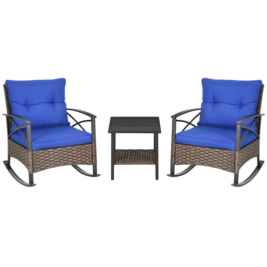 3 Pieces Rocking Chair Set, Outdoor PE Rattan Bistro Set with Padded Cushions, Rocker Chair Set and Two-tier Metal Plate Top Table for Garden, Dark Blue