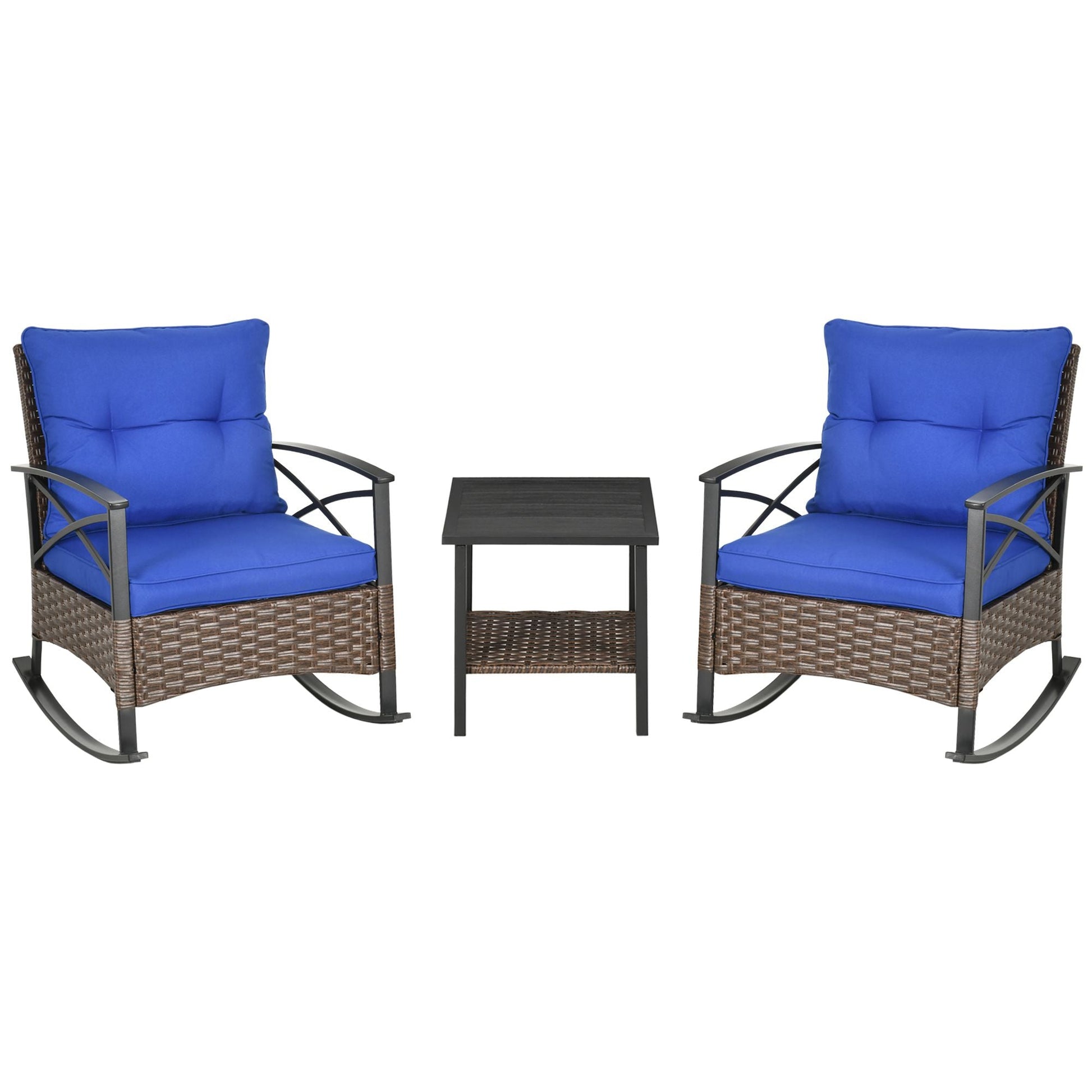 3 Pieces Rocking Chair Set, Outdoor PE Rattan Bistro Set with Padded Cushions, Rocker Chair Set and Two-tier Metal Plate Top Table for Garden, Dark Blue