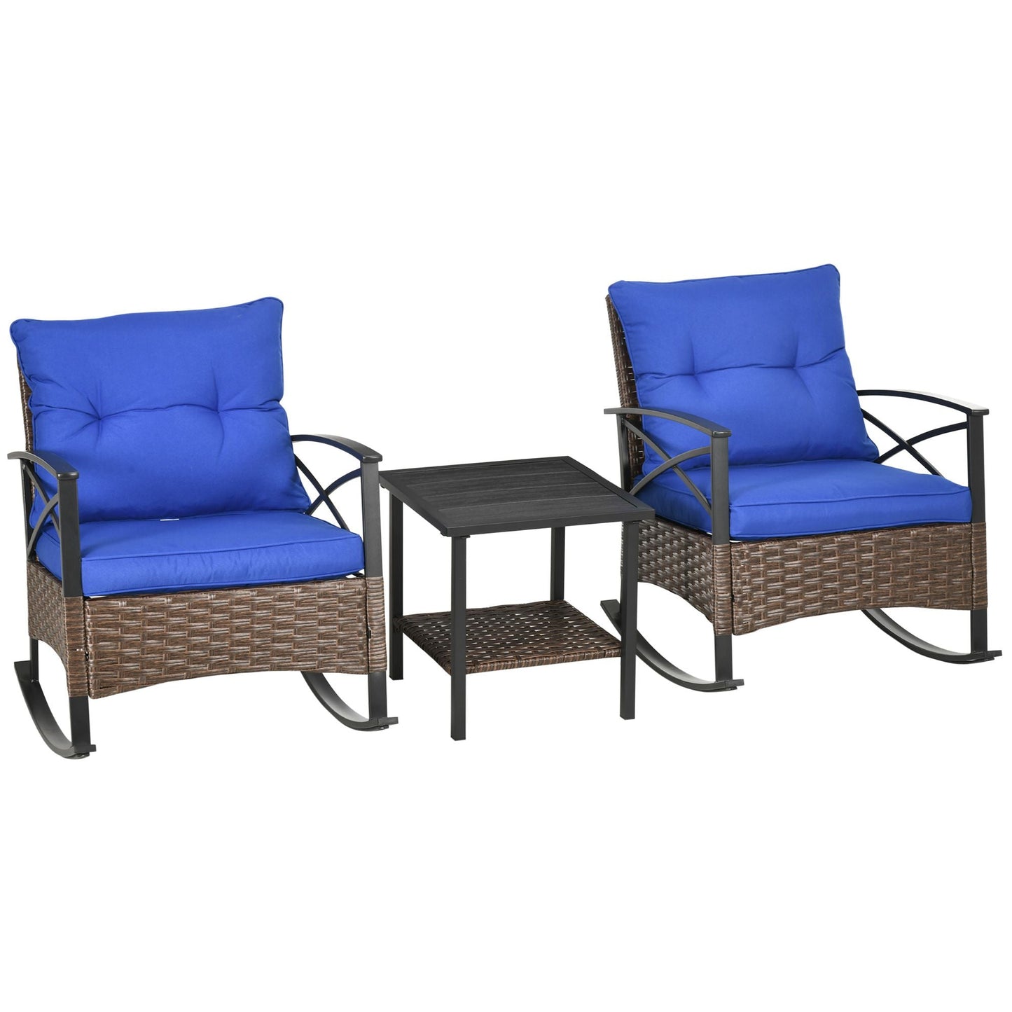 3 Pieces Rocking Chair Set, Outdoor PE Rattan Bistro Set with Padded Cushions, Rocker Chair Set and Two-tier Metal Plate Top Table for Garden, Dark Blue