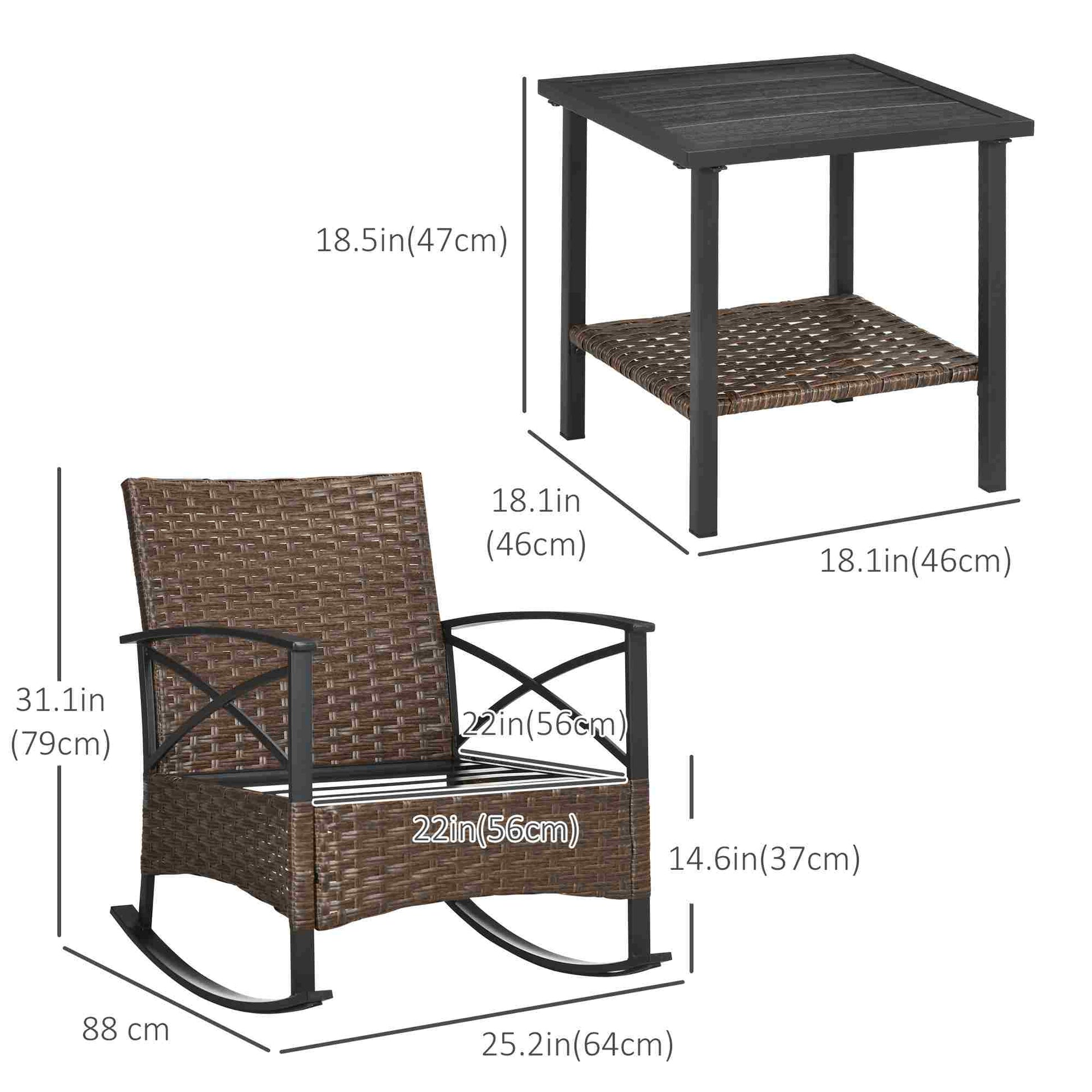 3 Pieces Rocking Chair Set, Outdoor PE Rattan Bistro Set with Padded Cushions, Rocker Chair Set and Two-tier Metal Plate Top Table for Garden, Dark Blue
