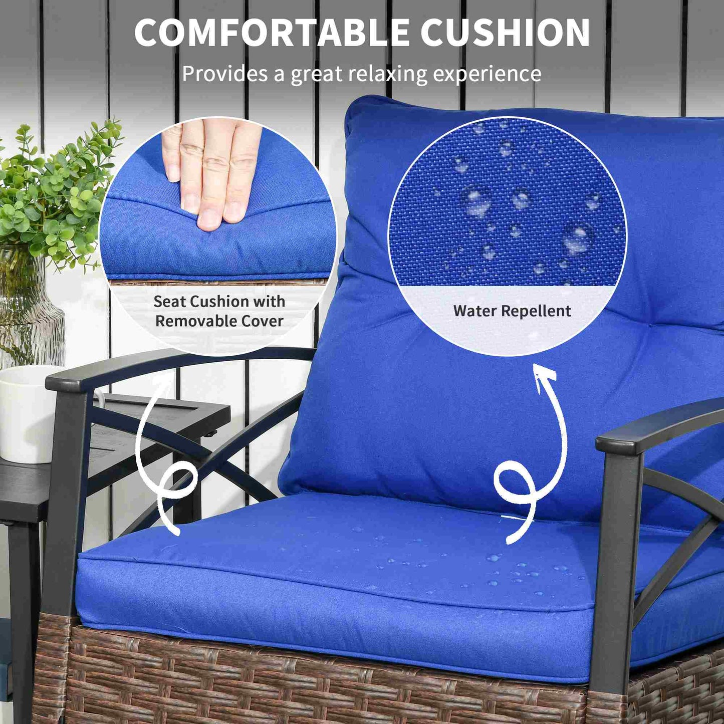3 Pieces Rocking Chair Set, Outdoor PE Rattan Bistro Set with Padded Cushions, Rocker Chair Set and Two-tier Metal Plate Top Table for Garden, Dark Blue