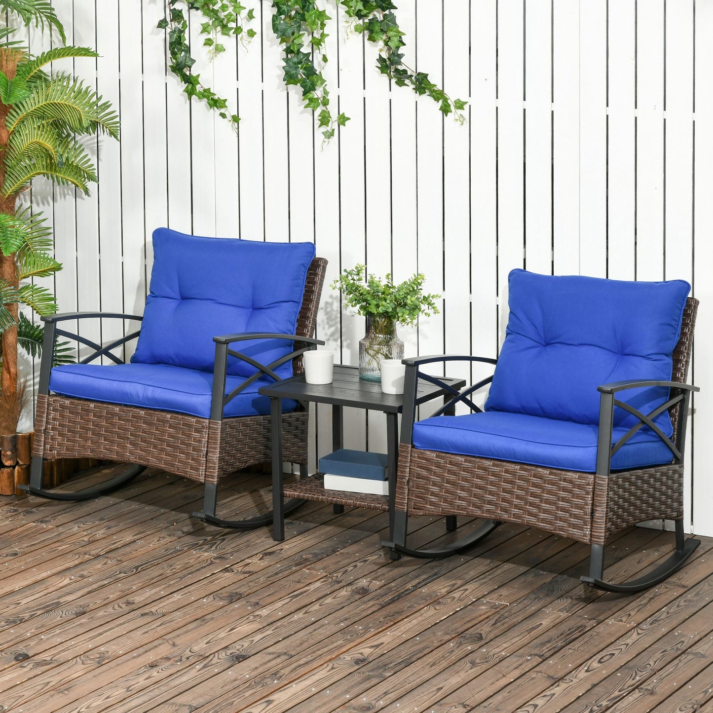 3 Pieces Rocking Chair Set, Outdoor PE Rattan Bistro Set with Padded Cushions, Rocker Chair Set and Two-tier Metal Plate Top Table for Garden, Dark Blue