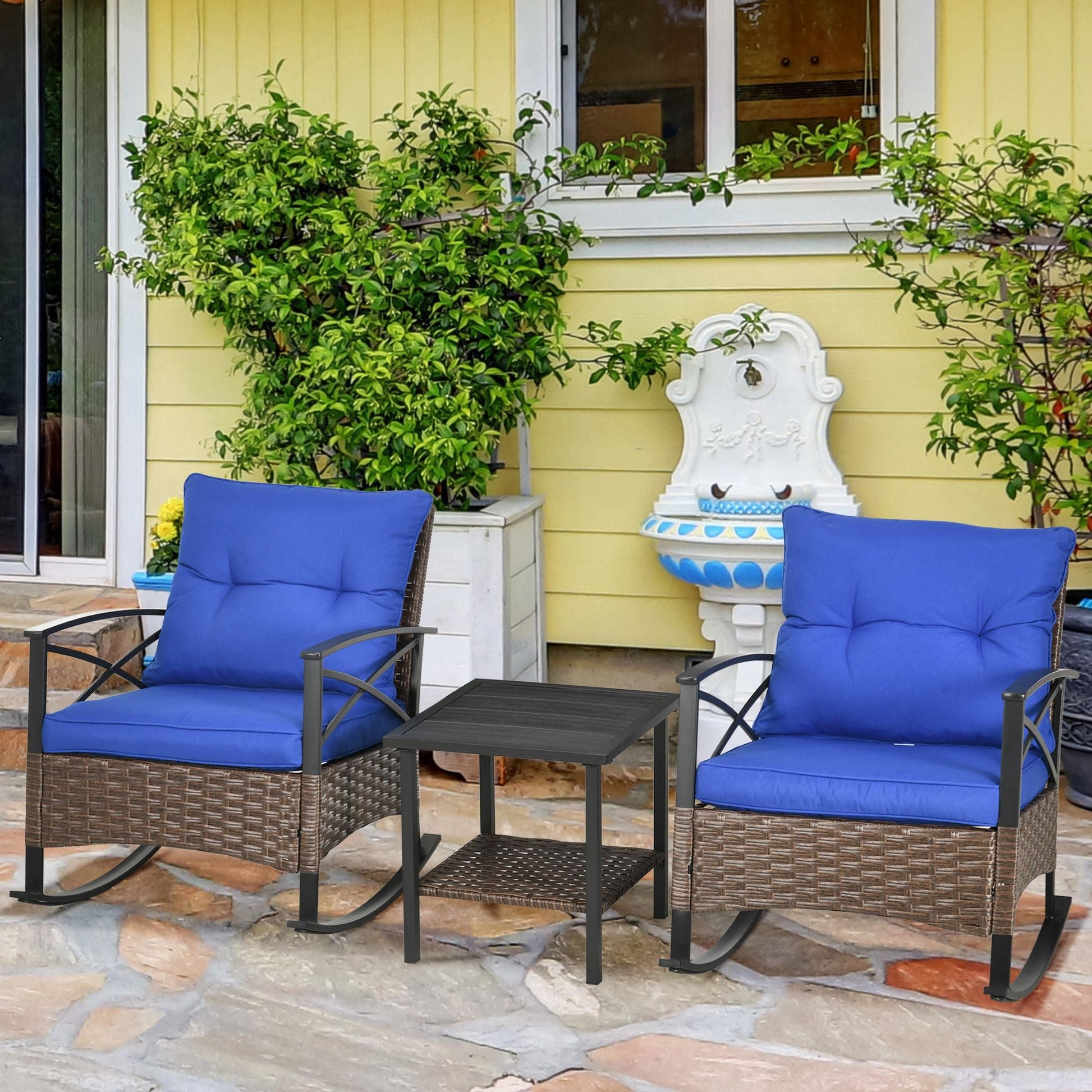 3 Pieces Rocking Chair Set, Outdoor PE Rattan Bistro Set with Padded Cushions, Rocker Chair Set and Two-tier Metal Plate Top Table for Garden, Dark Blue