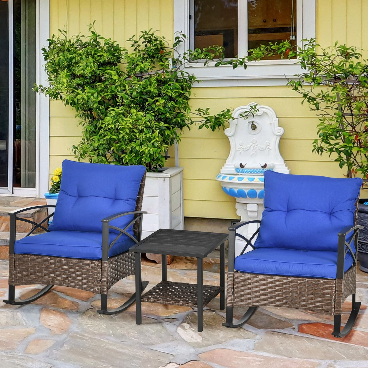 3 Pieces Rocking Chair Set, Outdoor PE Rattan Bistro Set with Padded Cushions, Rocker Chair Set and Two-tier Metal Plate Top Table for Garden, Dark Blue