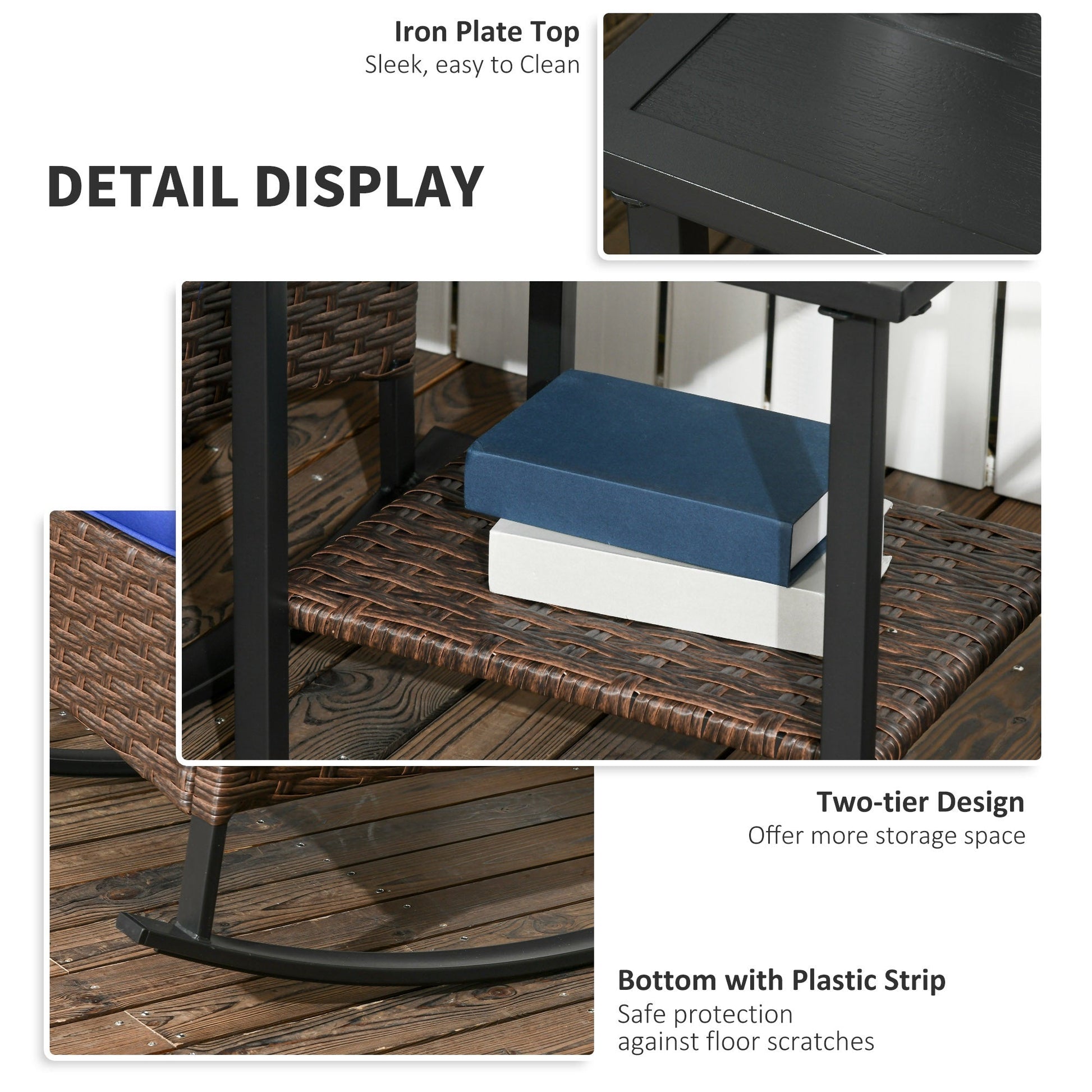 3 Pieces Rocking Chair Set, Outdoor PE Rattan Bistro Set with Padded Cushions, Rocker Chair Set and Two-tier Metal Plate Top Table for Garden, Dark Blue