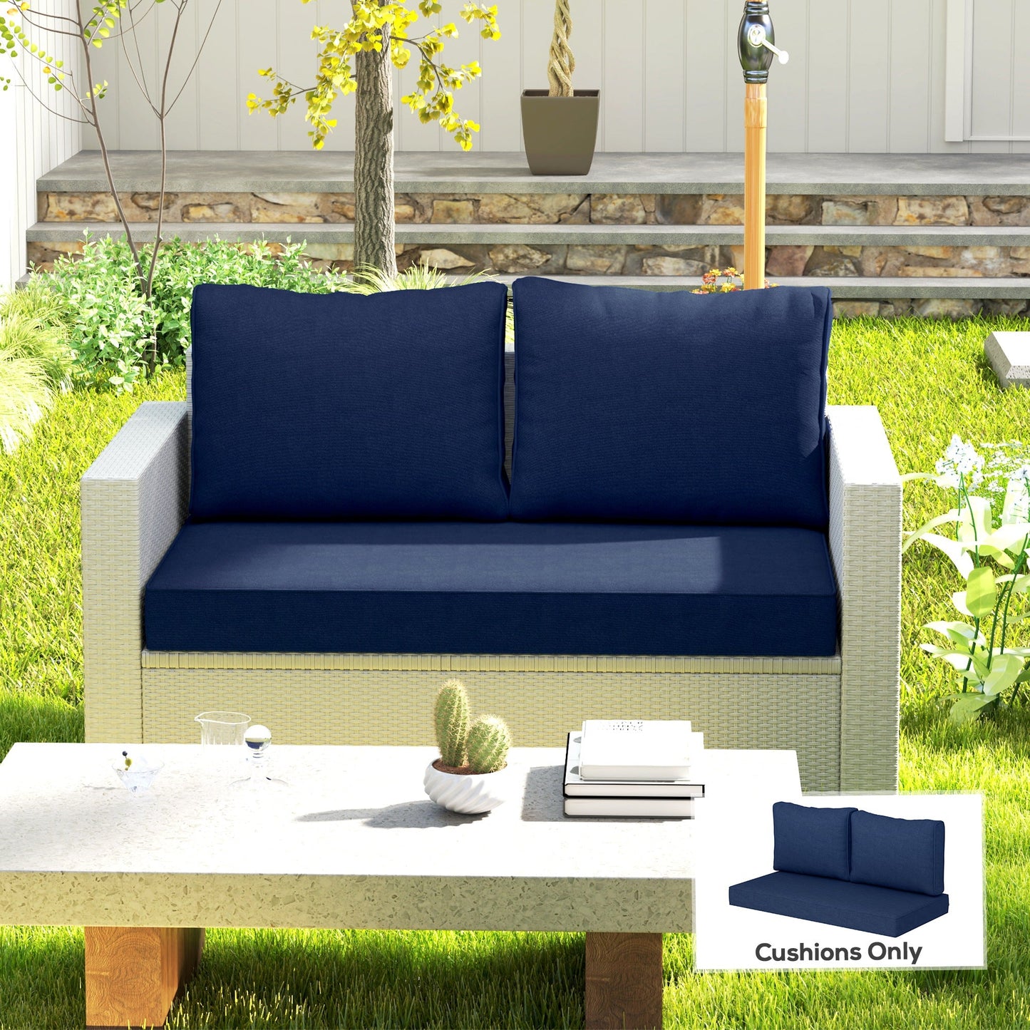 2 Seater Outdoor Seat Cushions with Backrest, Loveseat Double Sofa Outdoor Furniture Cushions, Fade-Resistant Replacement Patio Cushions for Indoor and Outdoor, Navy Blue