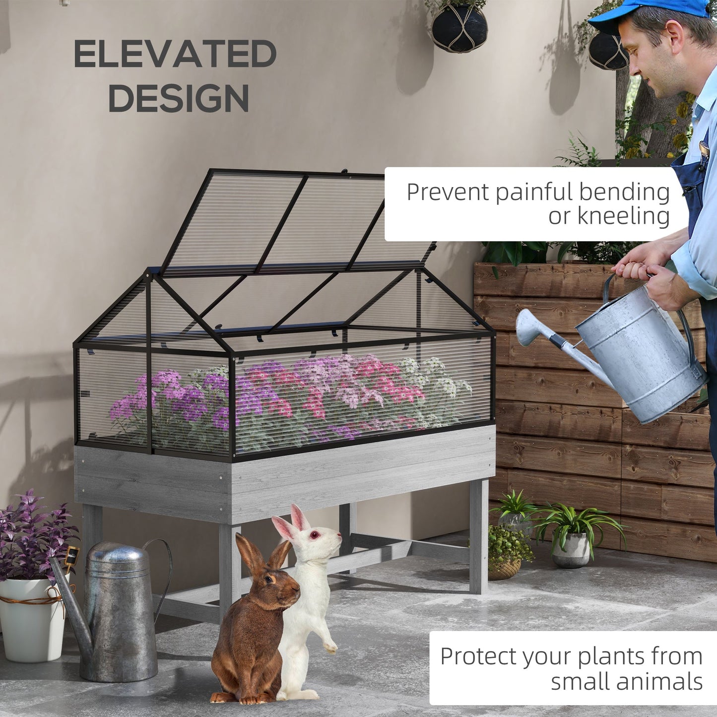 Raised Garden Bed with Cold Frame Greenhouse, Elevated Wood Planter Box for Vegetables, Flowers, Herbs, Distressed Grey