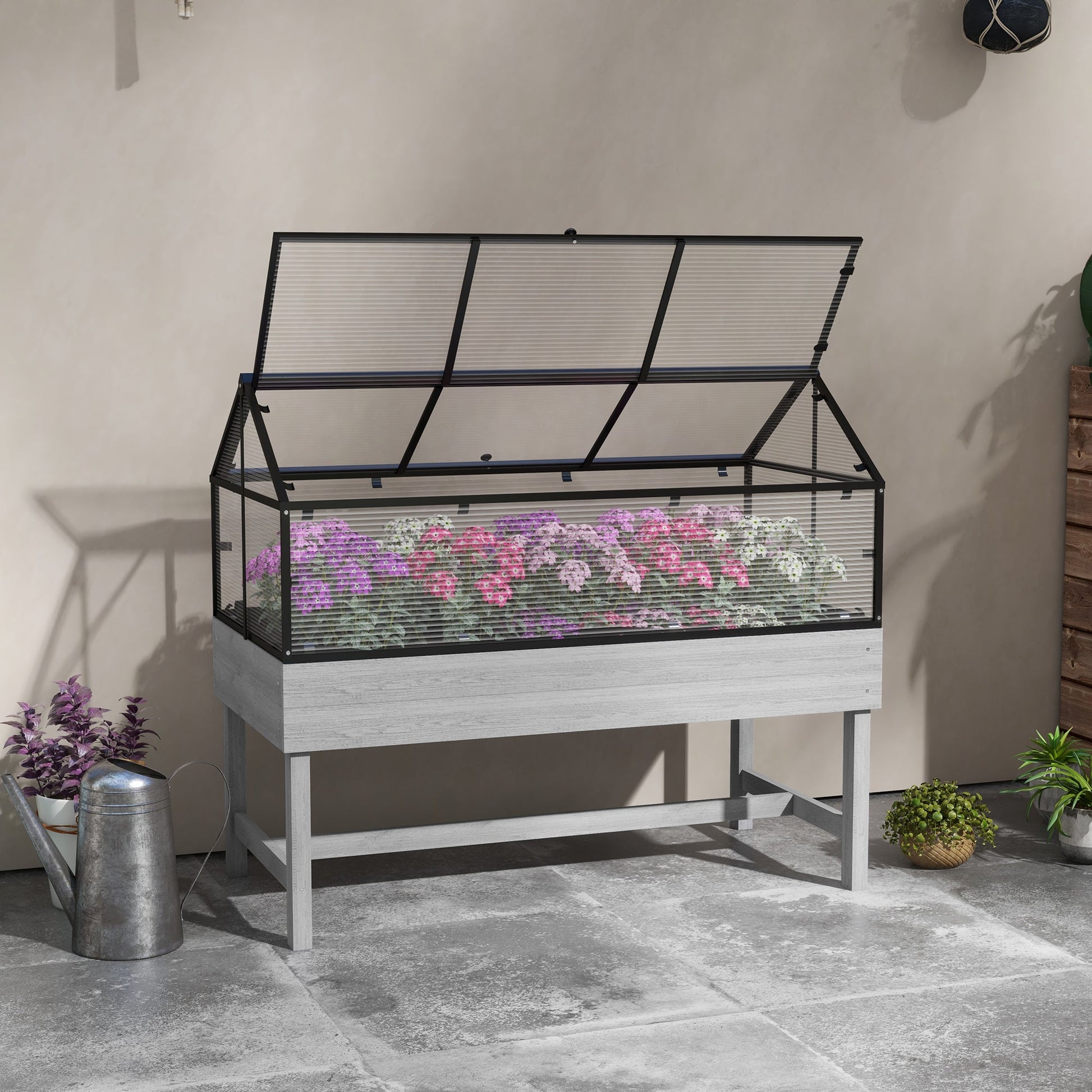 Raised Garden Bed with Cold Frame Greenhouse, Elevated Wood Planter Box for Vegetables, Flowers, Herbs, Distressed Grey