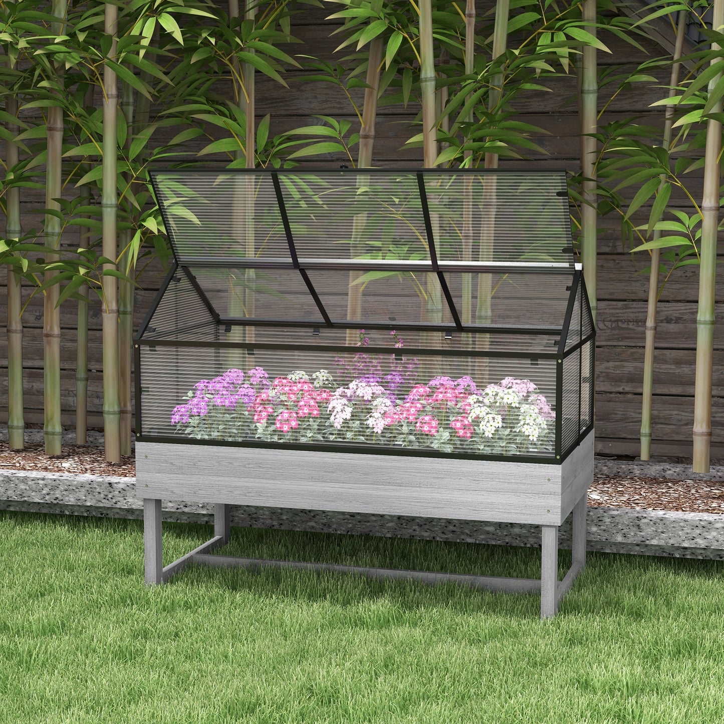 Raised Garden Bed with Cold Frame Greenhouse, Elevated Wood Planter Box for Vegetables, Flowers, Herbs, Distressed Grey