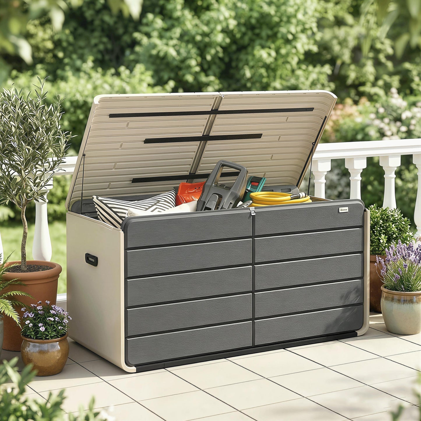 757 L Garden Storage Box, HDPE Deck Box with Wheels, Lockable Lid, Pneumatic Gas Rods and Side Handles, Outdoor Patio Storage Container for Garden Tools, Beige and Grey