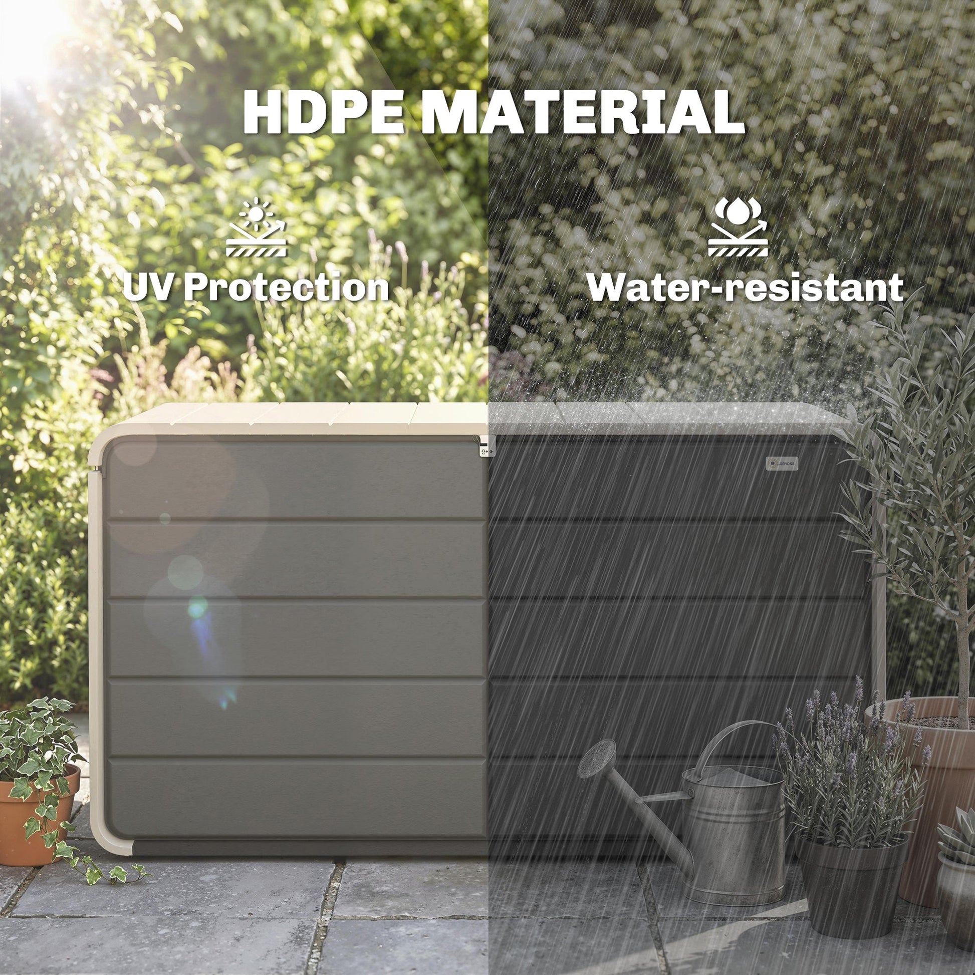 757 L Garden Storage Box, HDPE Deck Box with Wheels, Lockable Lid, Pneumatic Gas Rods and Side Handles, Outdoor Patio Storage Container for Garden Tools, Beige and Grey