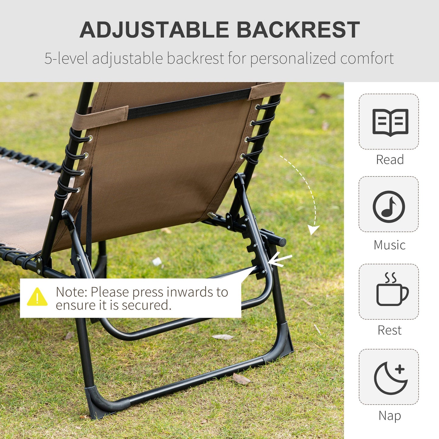 Folding Lounge Chair, Reclining Tanning Chair, Portable Sun Lounger with Adjustable Backrest and Removable Pillow for Patio, Garden, Beach, Brown