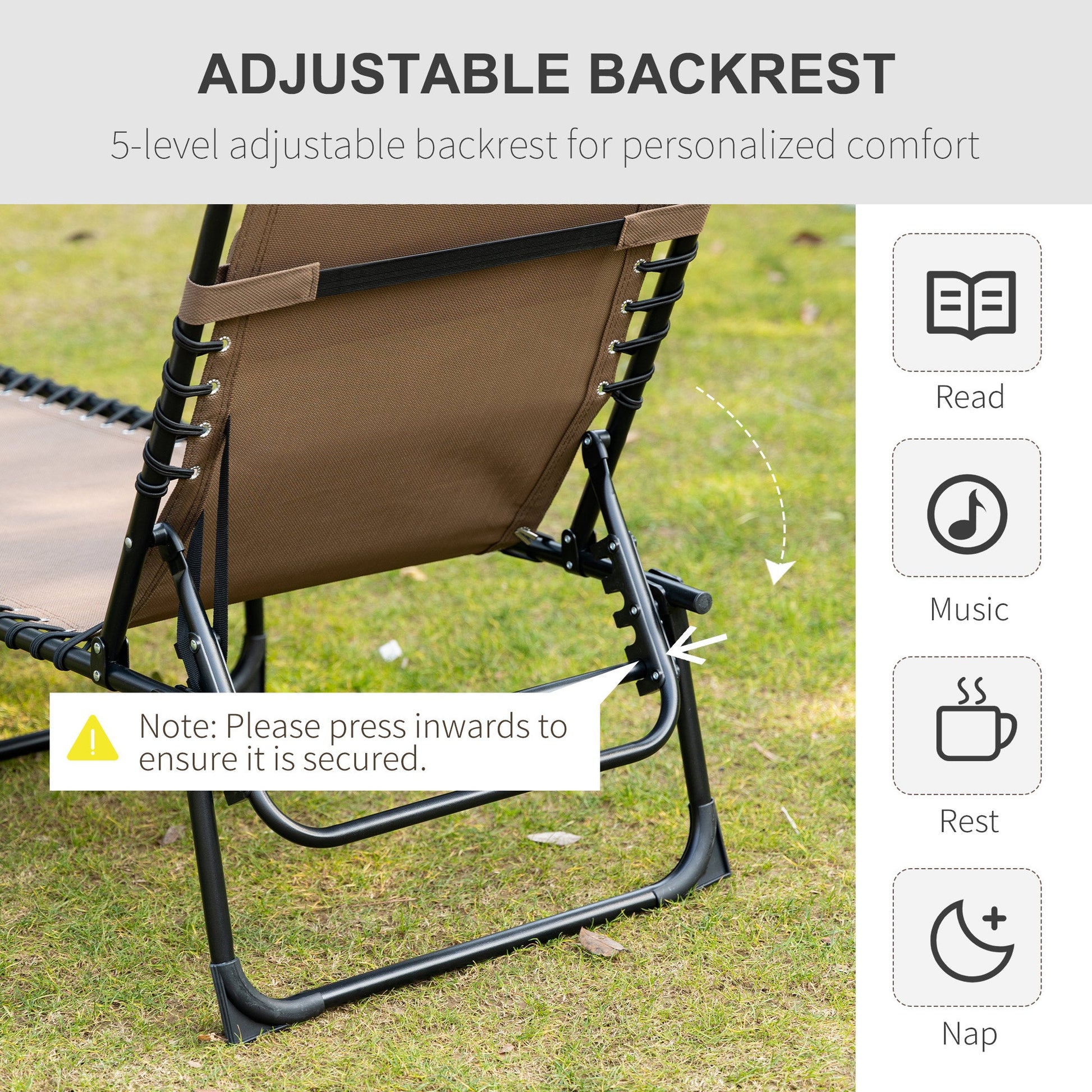 Folding Lounge Chair, Reclining Tanning Chair, Portable Sun Lounger with Adjustable Backrest and Removable Pillow for Patio, Garden, Beach, Brown