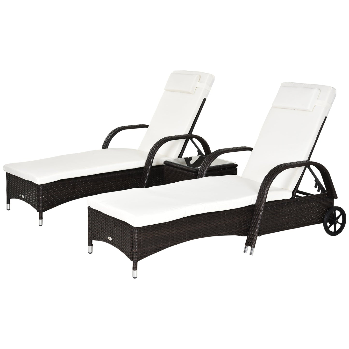 3 Pieces Wicker Patio Lounger Set with Table, PE Rattan Outdoor Lounge Chair Set with Cushions, Wheels, 5-Level Reclining Backrest, Headrest, Brown/Cream