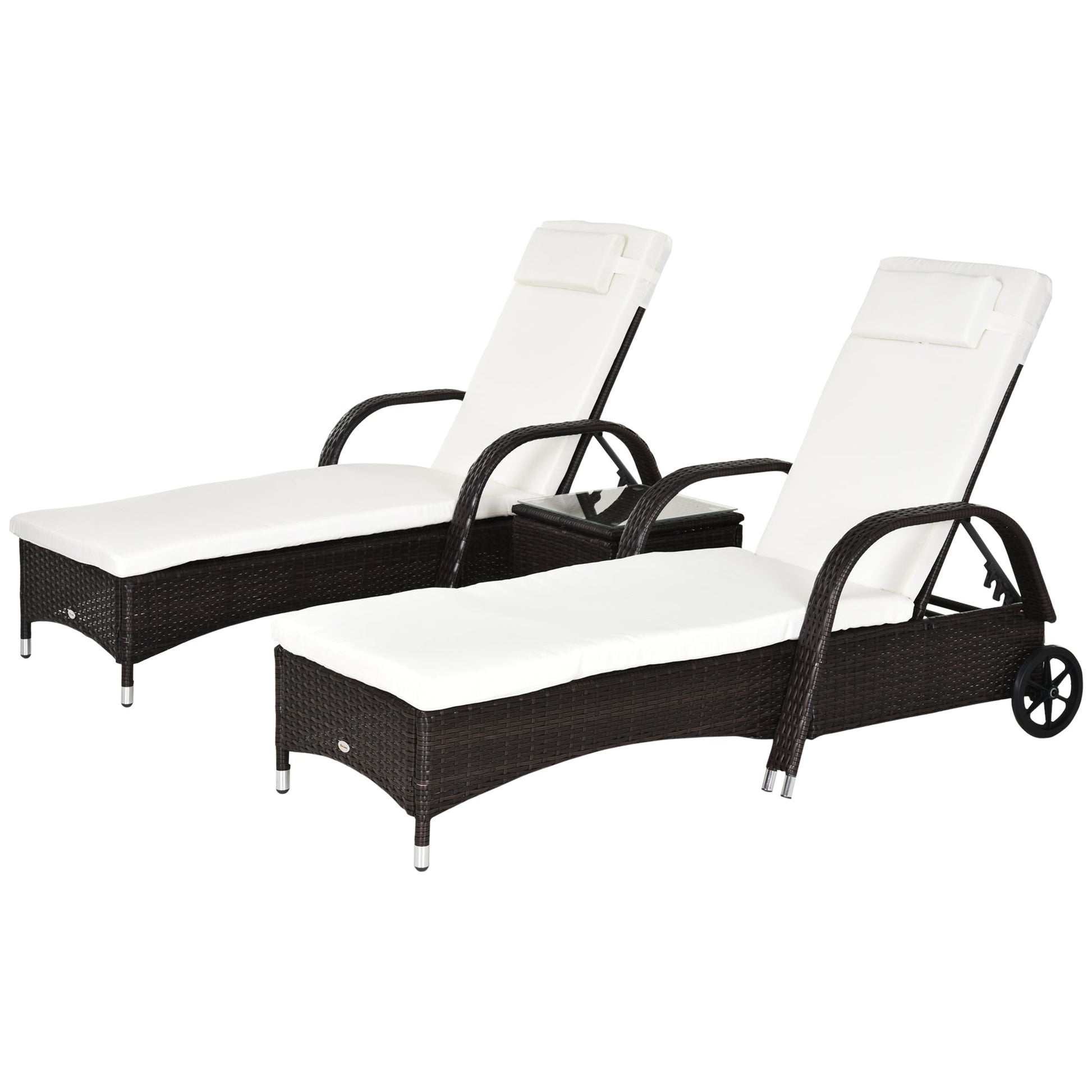 3 Pieces Wicker Patio Lounger Set with Table, PE Rattan Outdoor Lounge Chair Set with Cushions, Wheels, 5-Level Reclining Backrest, Headrest, Brown/Cream