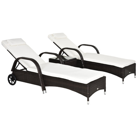 3 Pieces Wicker Patio Lounger Set with Table, PE Rattan Outdoor Lounge Chair Set with Cushions, Wheels, 5-Level Reclining Backrest, Headrest, Brown/Cream