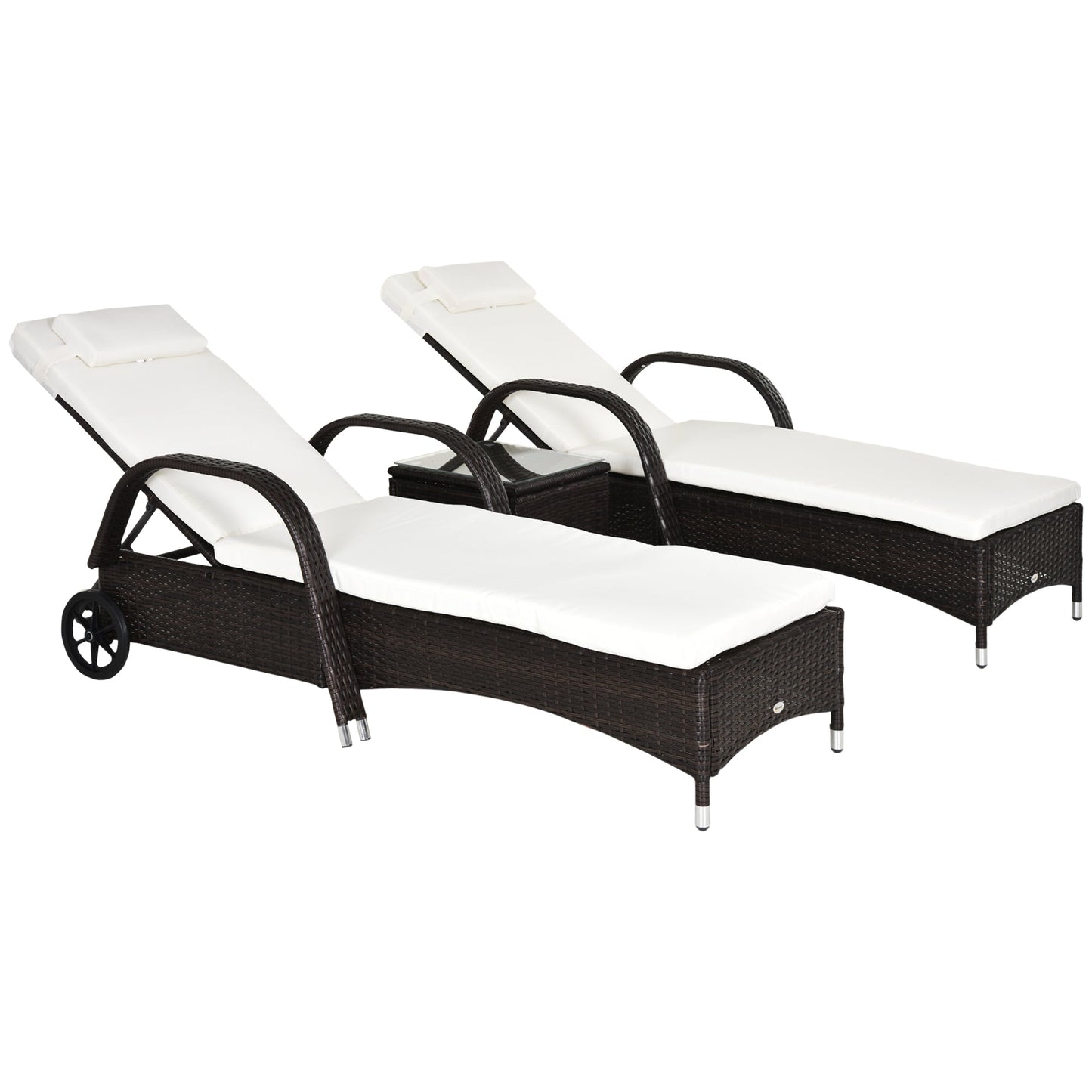 3 Pieces Wicker Patio Lounger Set with Table, PE Rattan Outdoor Lounge Chair Set with Cushions, Wheels, 5-Level Reclining Backrest, Headrest, Brown/Cream