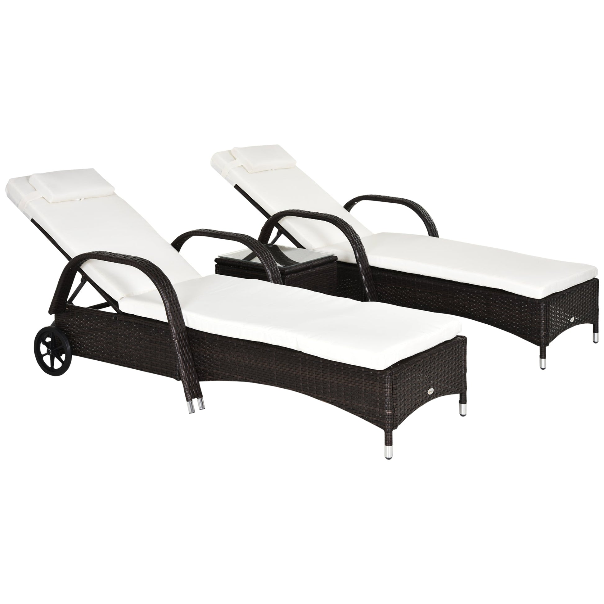 3 Pieces Wicker Patio Lounger Set with Table, PE Rattan Outdoor Lounge Chair Set with Cushions, Wheels, 5-Level Reclining Backrest, Headrest, Brown/Cream