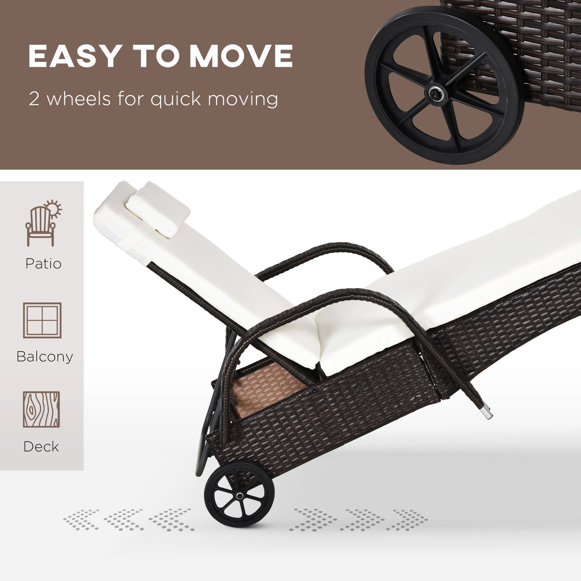 3 Pieces Wicker Patio Lounger Set with Table, PE Rattan Outdoor Lounge Chair Set with Cushions, Wheels, 5-Level Reclining Backrest, Headrest, Brown/Cream