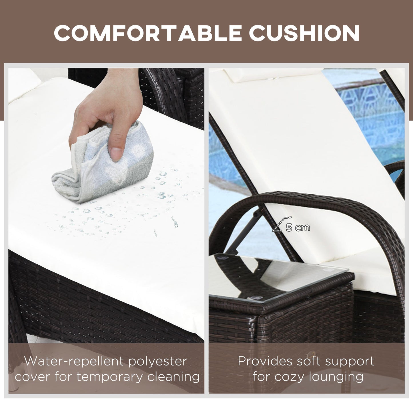 3 Pieces Wicker Patio Lounger Set with Table, PE Rattan Outdoor Lounge Chair Set with Cushions, Wheels, 5-Level Reclining Backrest, Headrest, Brown/Cream