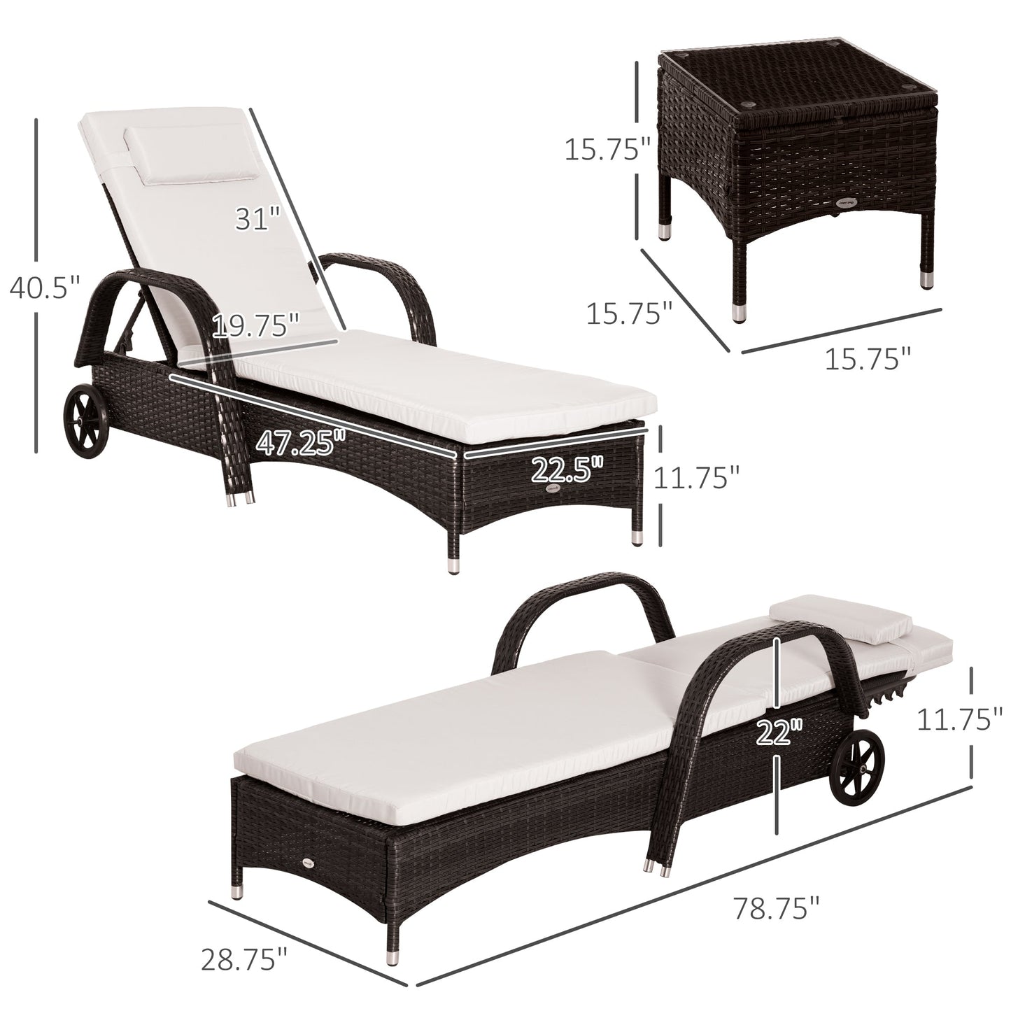 3 Pieces Wicker Patio Lounger Set with Table, PE Rattan Outdoor Lounge Chair Set with Cushions, Wheels, 5-Level Reclining Backrest, Headrest, Brown/Cream