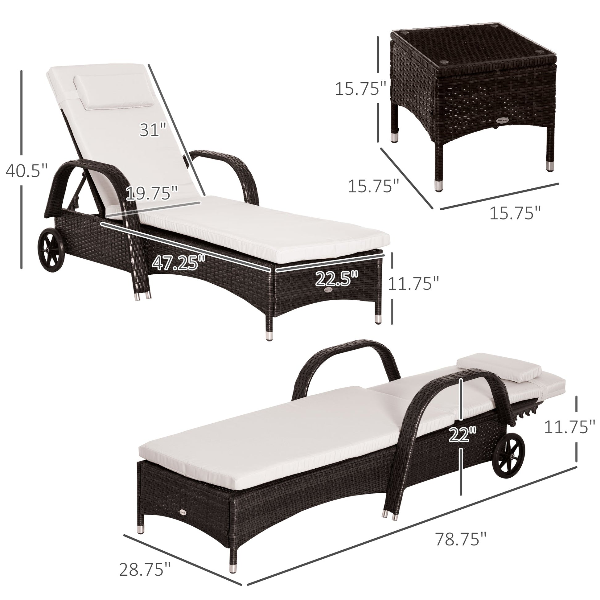 3 Pieces Wicker Patio Lounger Set with Table, PE Rattan Outdoor Lounge Chair Set with Cushions, Wheels, 5-Level Reclining Backrest, Headrest, Brown/Cream