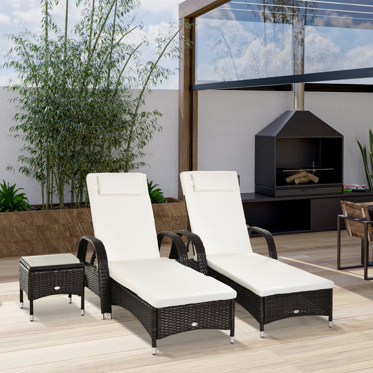 3 Pieces Wicker Patio Lounger Set with Table, PE Rattan Outdoor Lounge Chair Set with Cushions, Wheels, 5-Level Reclining Backrest, Headrest, Brown/Cream