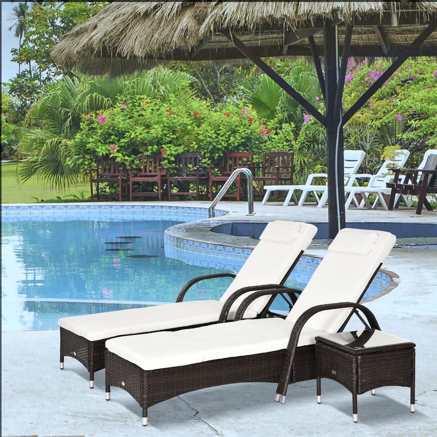 3 Pieces Wicker Patio Lounger Set with Table, PE Rattan Outdoor Lounge Chair Set with Cushions, Wheels, 5-Level Reclining Backrest, Headrest, Brown/Cream