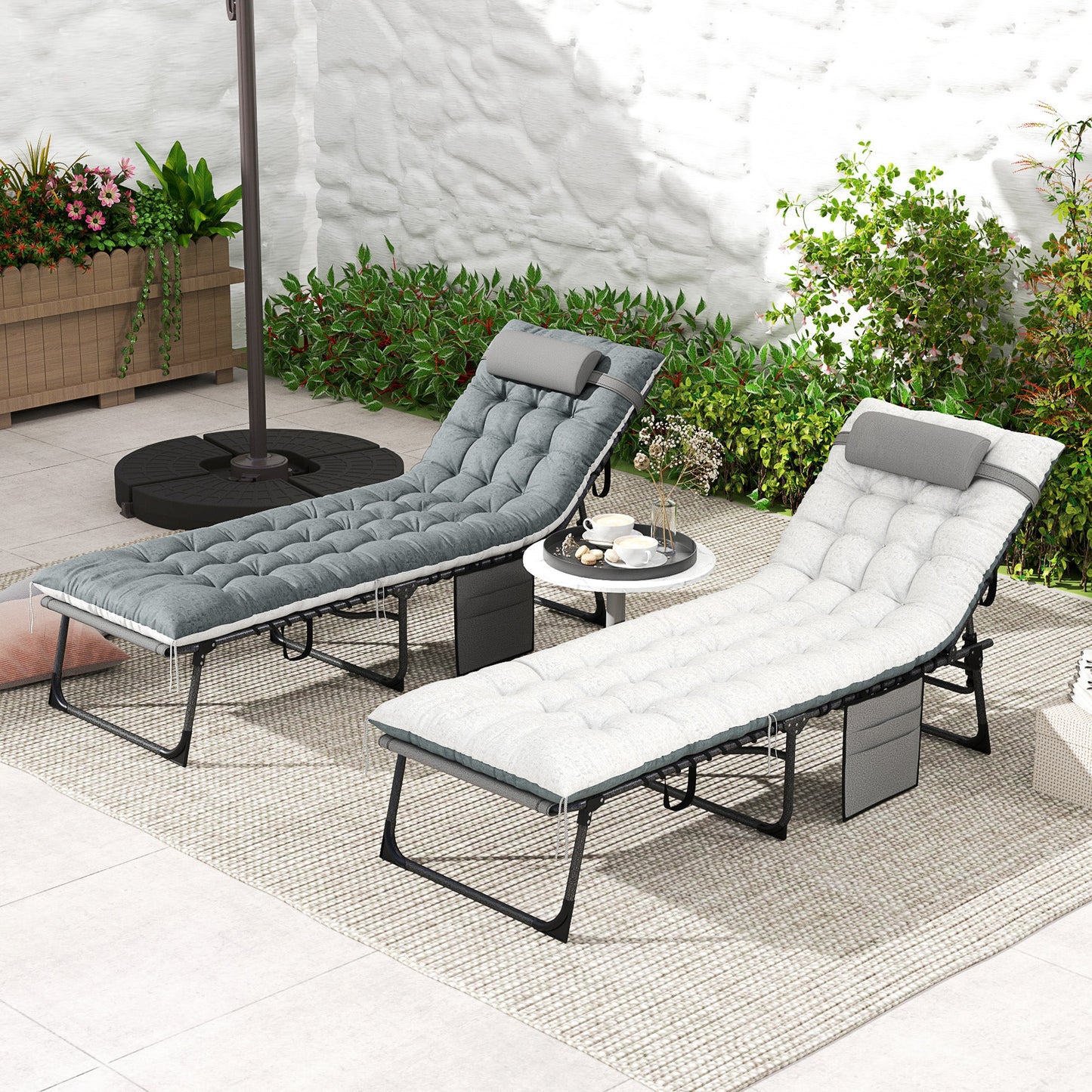 Folding Outdoor Lounge Chair Set of 2, 5-Position Reclining Patio Chaise Lounge Chairs, Tanning Chair with Cushion, Headrest, Side Pocket for Beach, Poolside, Grey