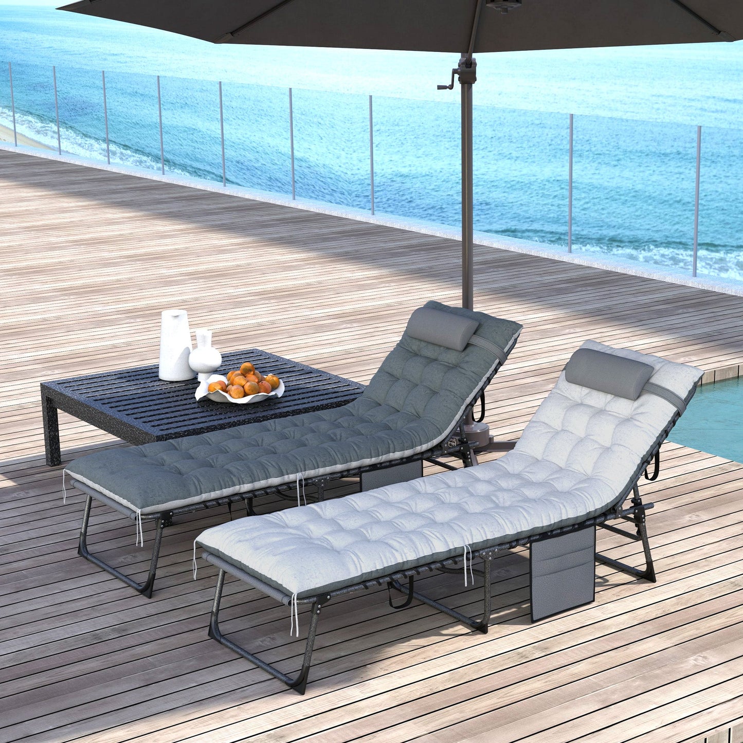 Folding Outdoor Lounge Chair Set of 2, 5-Position Reclining Patio Chaise Lounge Chairs, Tanning Chair with Cushion, Headrest, Side Pocket for Beach, Poolside, Grey
