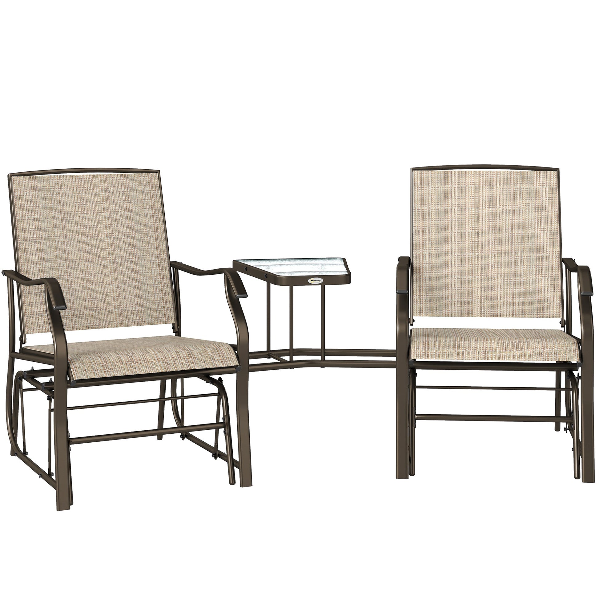 Double Patio Glider Chair with Glass Top Center Table, Outdoor Glider Loveseat with High Back,  All Weather Breathable Mesh Fabric for Garden, Backyard, Deck, Light Brown
