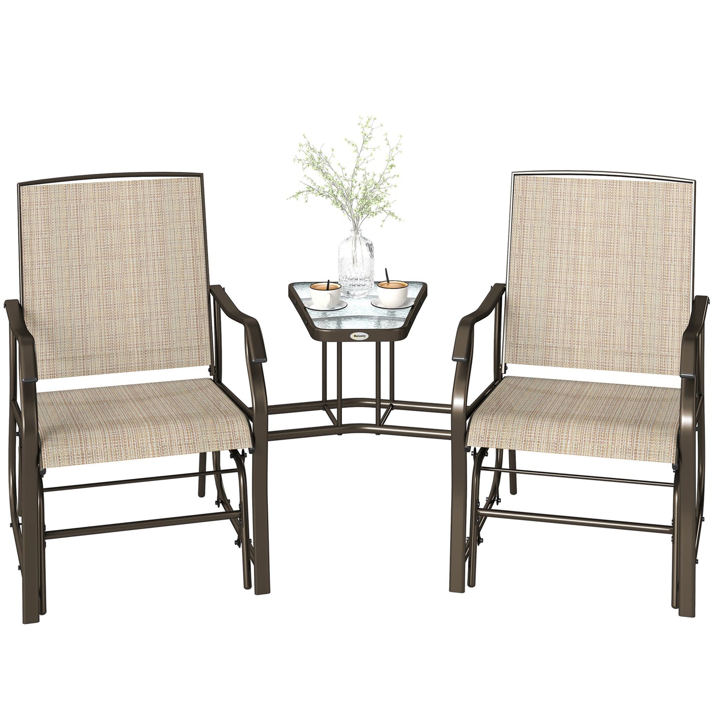 Double Patio Glider Chair with Glass Top Center Table, Outdoor Glider Loveseat with High Back,  All Weather Breathable Mesh Fabric for Garden, Backyard, Deck, Light Brown