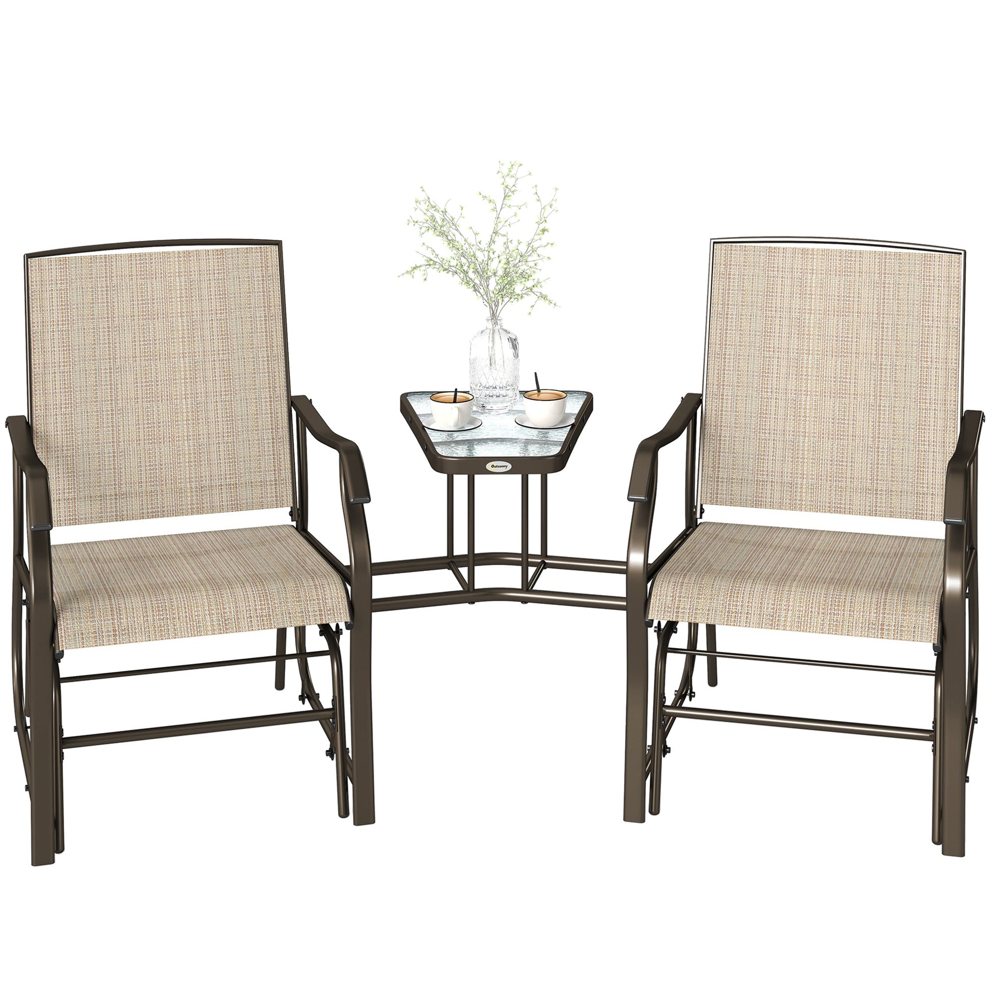 Double Patio Glider Chair with Glass Top Center Table, Outdoor Glider Loveseat with High Back,  All Weather Breathable Mesh Fabric for Garden, Backyard, Deck, Light Brown