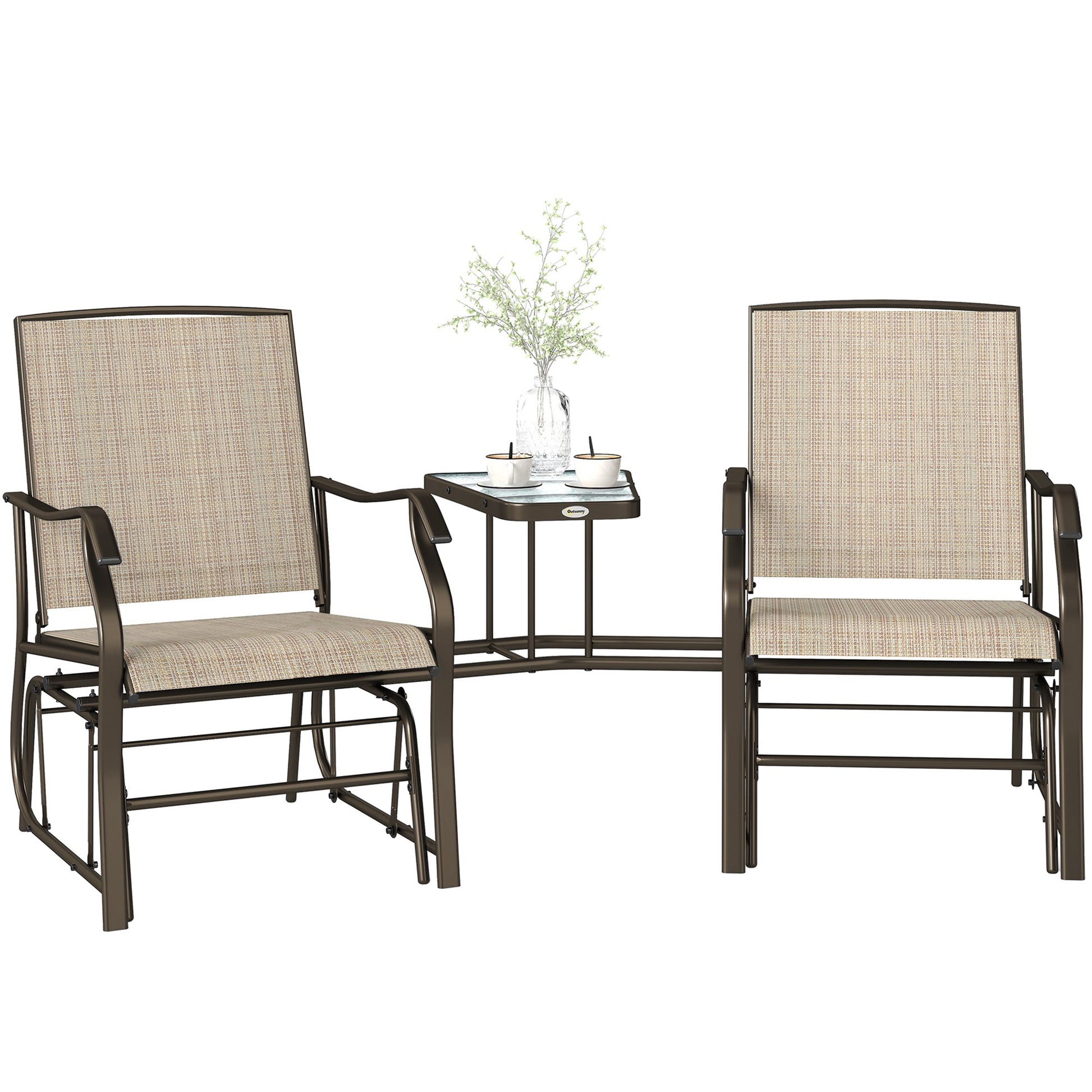 Double Patio Glider Chair with Glass Top Center Table, Outdoor Glider Loveseat with High Back,  All Weather Breathable Mesh Fabric for Garden, Backyard, Deck, Light Brown