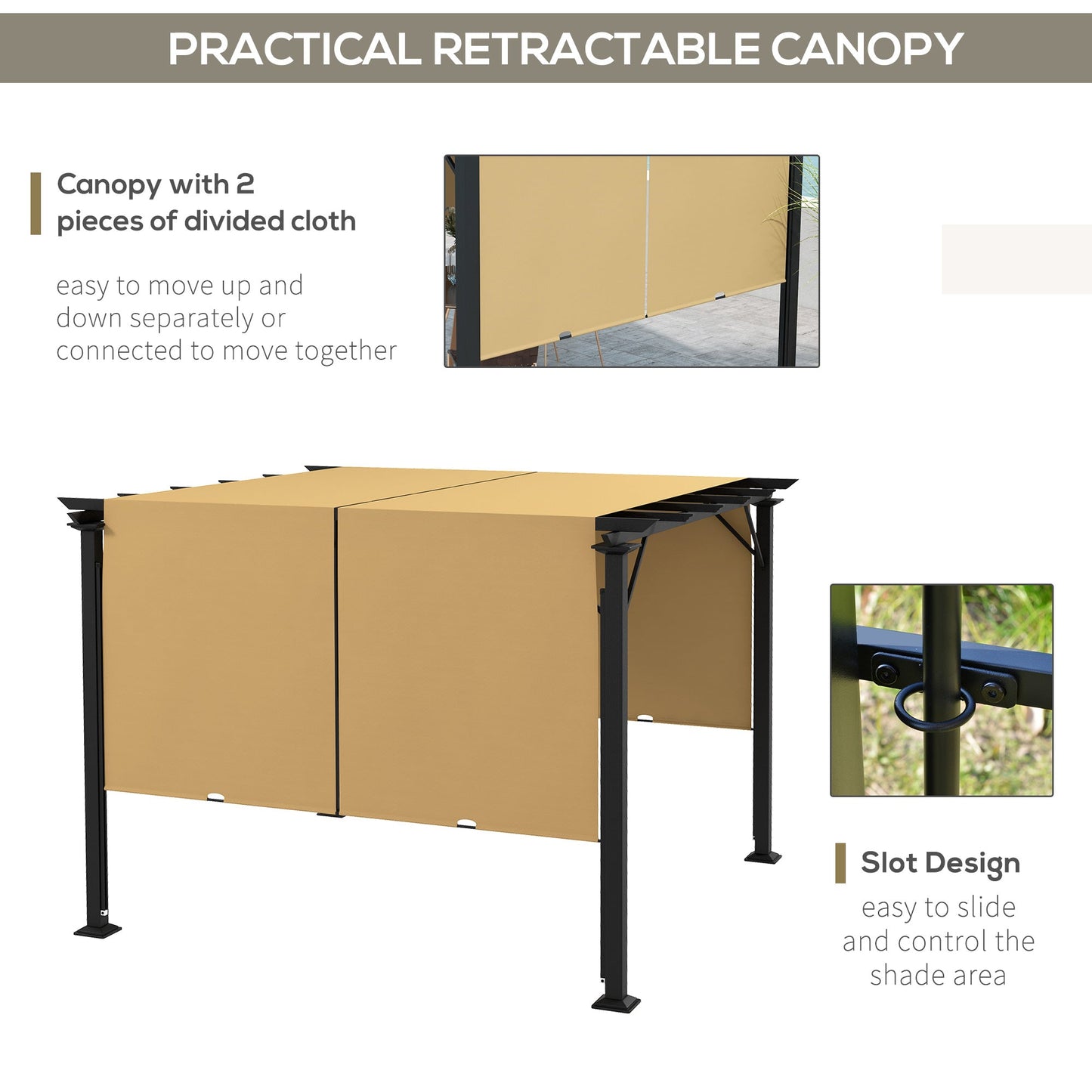 10' x 10' Retractable Pergola Canopy, Outdoor Gazebo with Sun Shade Canopy and Steel Frame, for Backyard, Garden, Patio, Deck, Brown