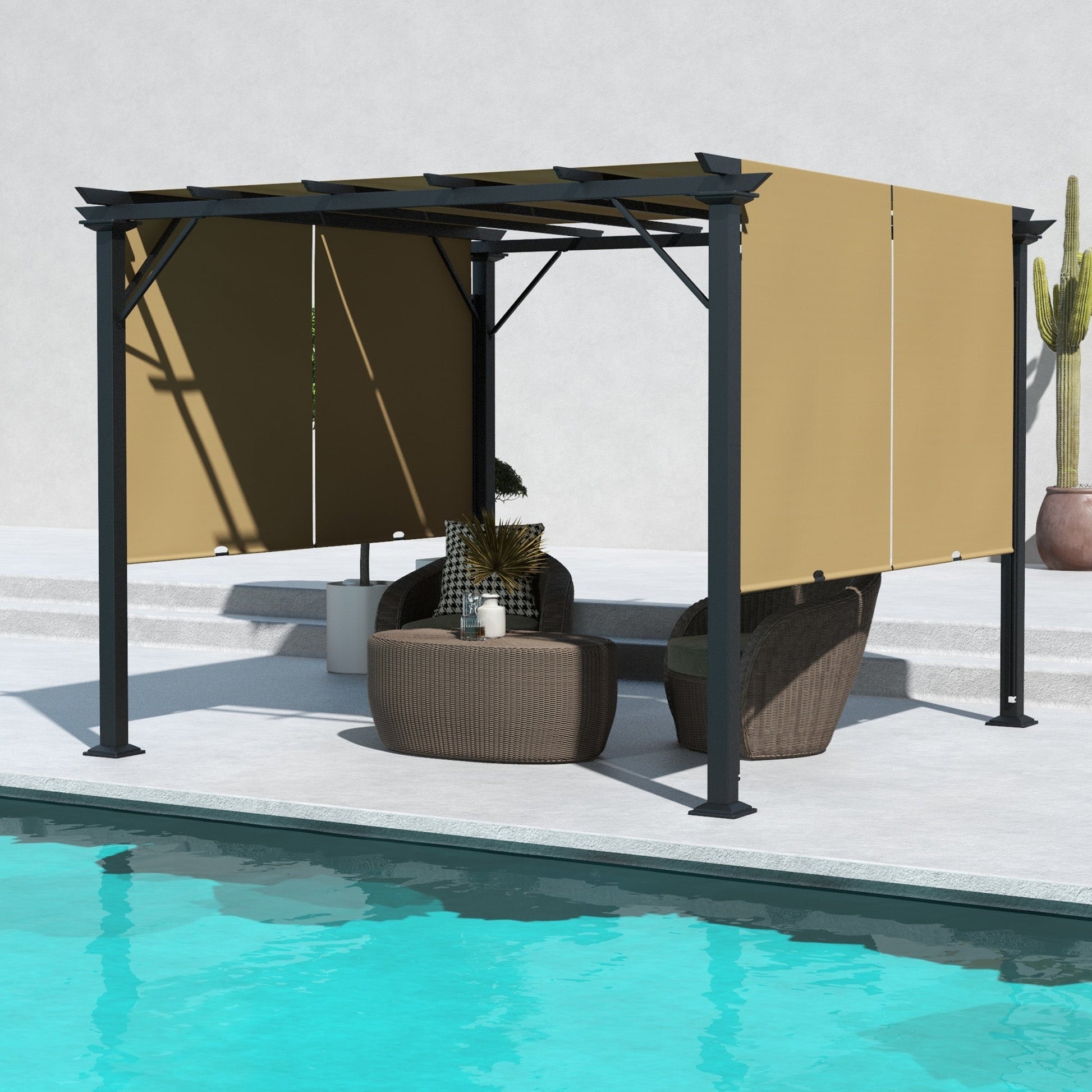10' x 10' Retractable Pergola Canopy, Outdoor Gazebo with Sun Shade Canopy and Steel Frame, for Backyard, Garden, Patio, Deck, Brown