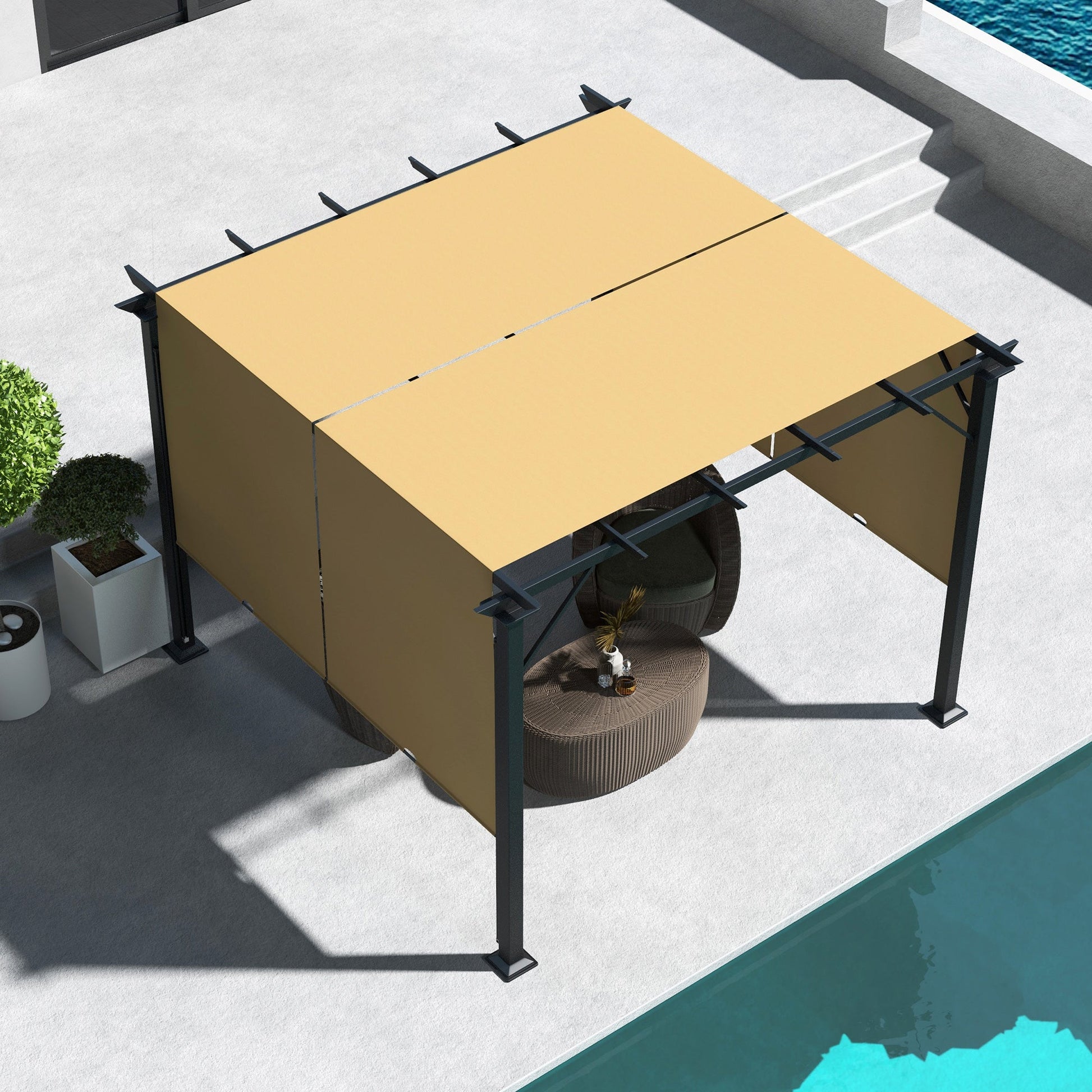10' x 10' Retractable Pergola Canopy, Outdoor Gazebo with Sun Shade Canopy and Steel Frame, for Backyard, Garden, Patio, Deck, Brown