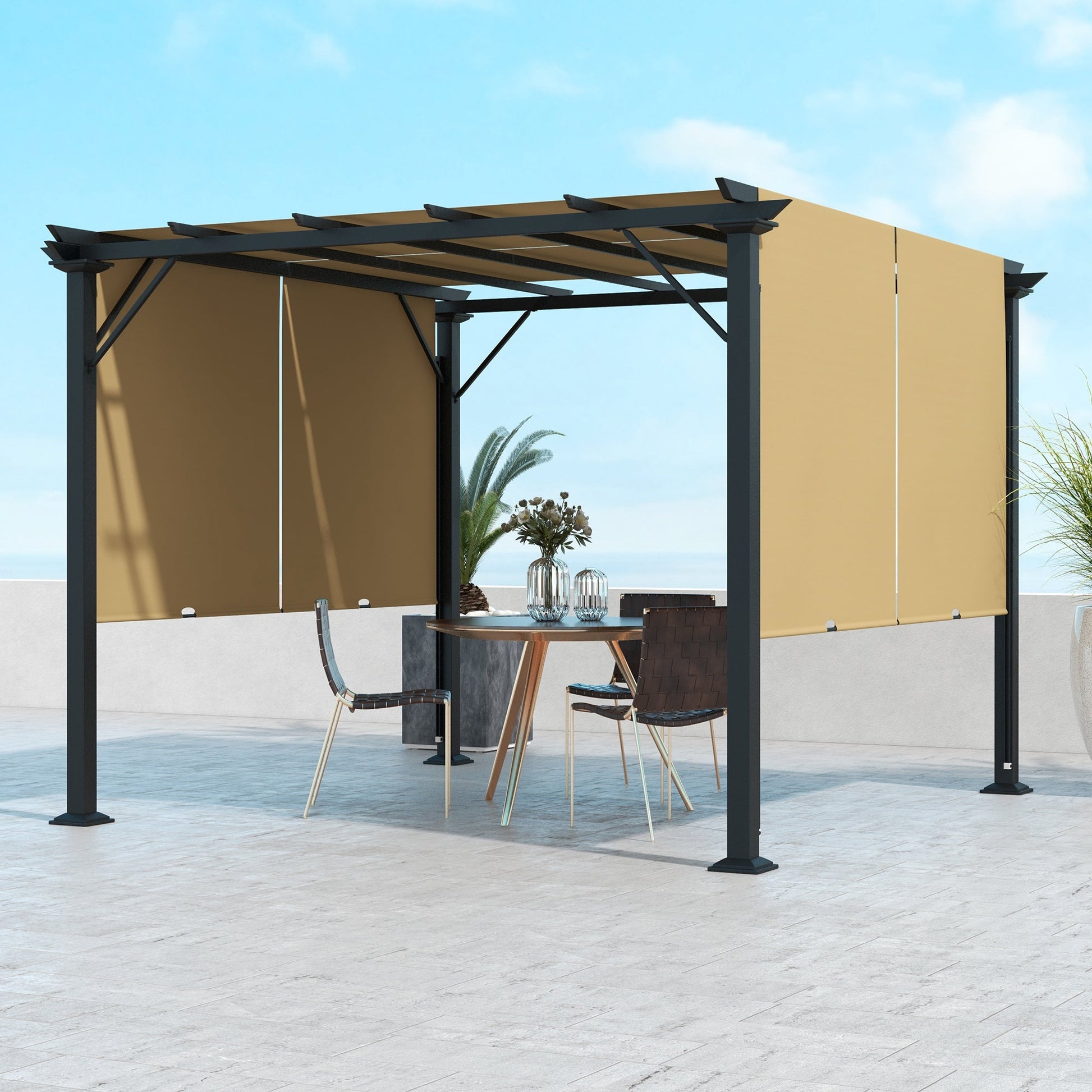 10' x 10' Retractable Pergola Canopy, Outdoor Gazebo with Sun Shade Canopy and Steel Frame, for Backyard, Garden, Patio, Deck, Brown