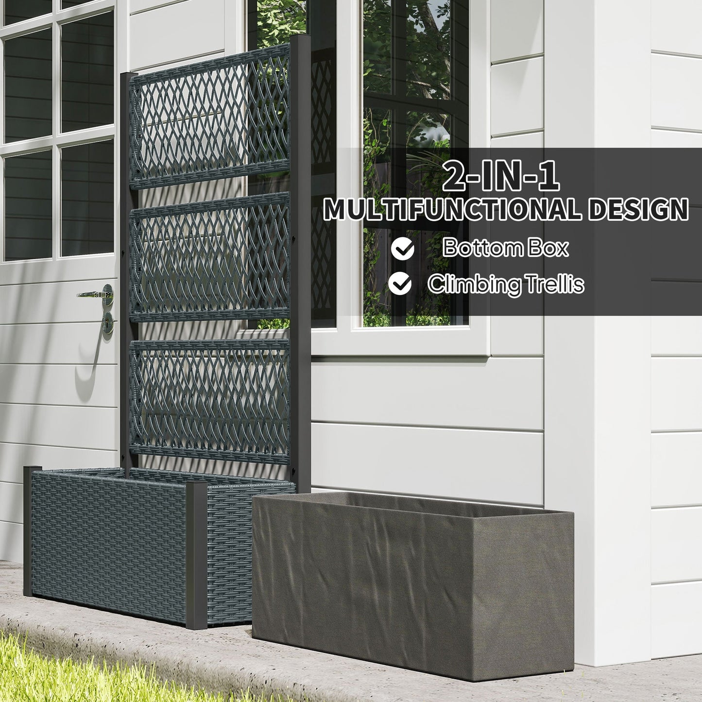 Wicker Outdoor Planter with Trellis, 58" Standing Raised Garden Bed with Liner, Drainage Holes, Privacy Screen Planter Box for Climbing Plants, Flowers, Dark Grey